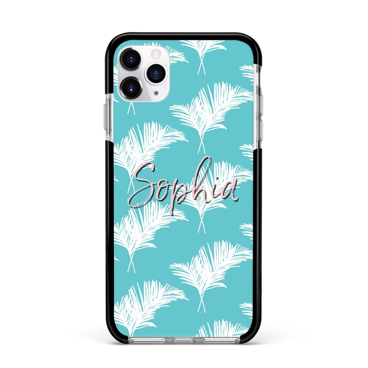 Personalised Blue White Tropical Foliage Apple iPhone 11 Pro Max in Silver with Black Impact Case