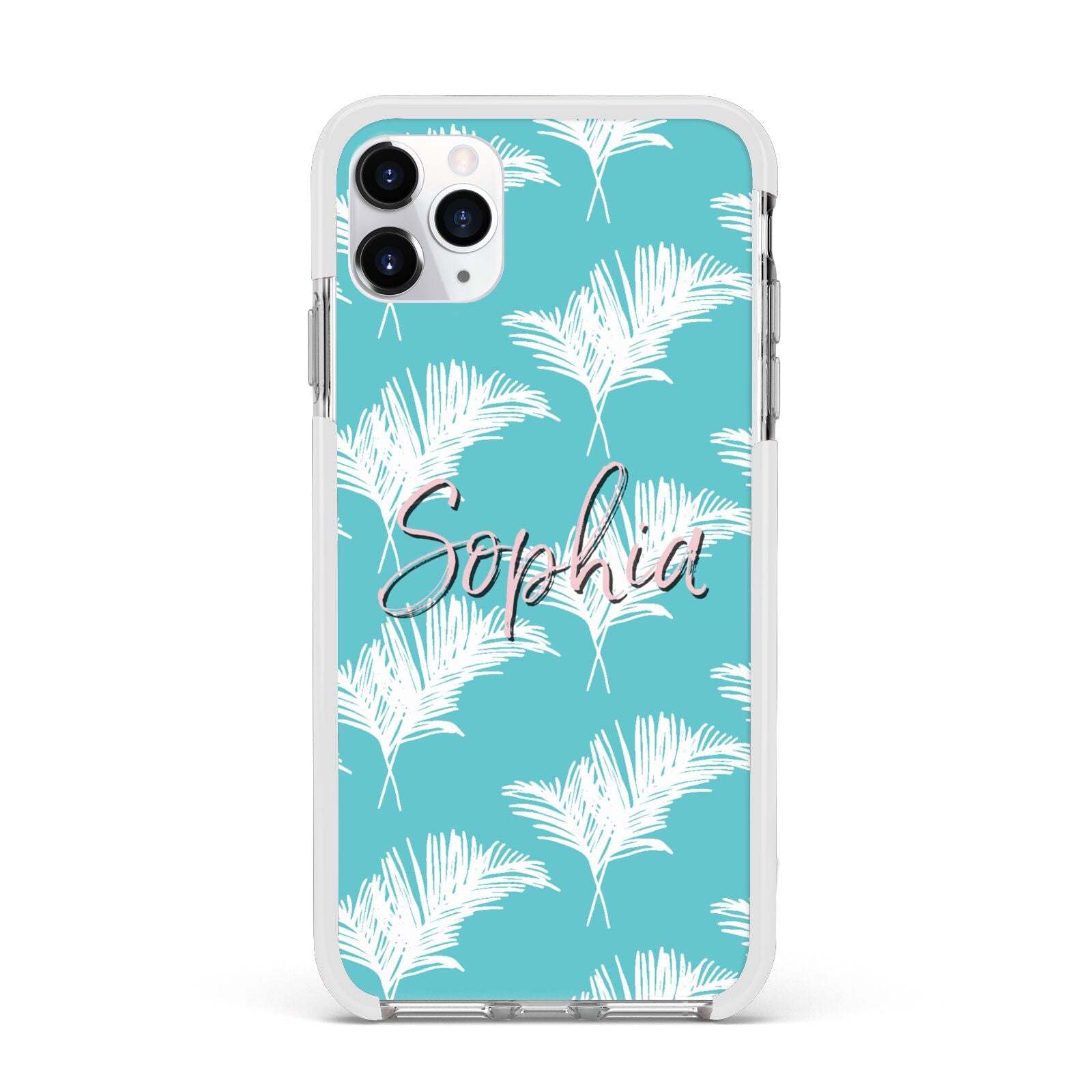 Personalised Blue White Tropical Foliage Apple iPhone 11 Pro Max in Silver with White Impact Case