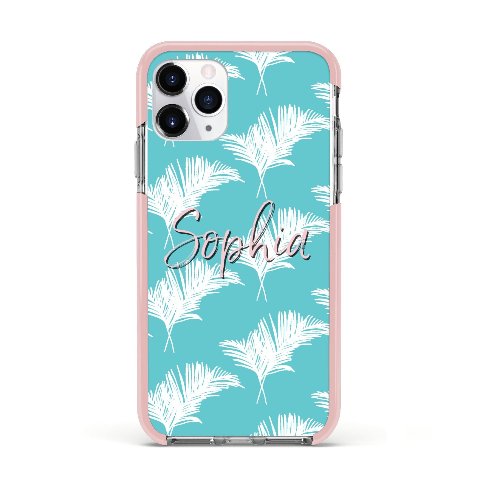 Personalised Blue White Tropical Foliage Apple iPhone 11 Pro in Silver with Pink Impact Case