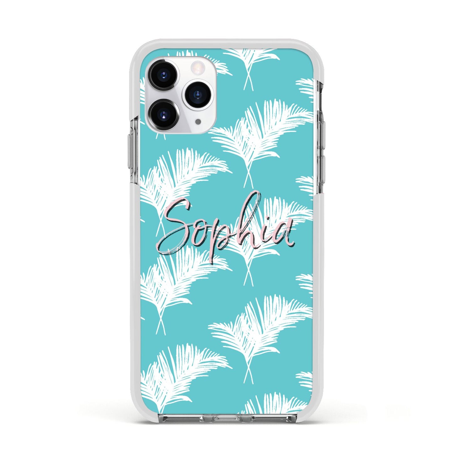 Personalised Blue White Tropical Foliage Apple iPhone 11 Pro in Silver with White Impact Case