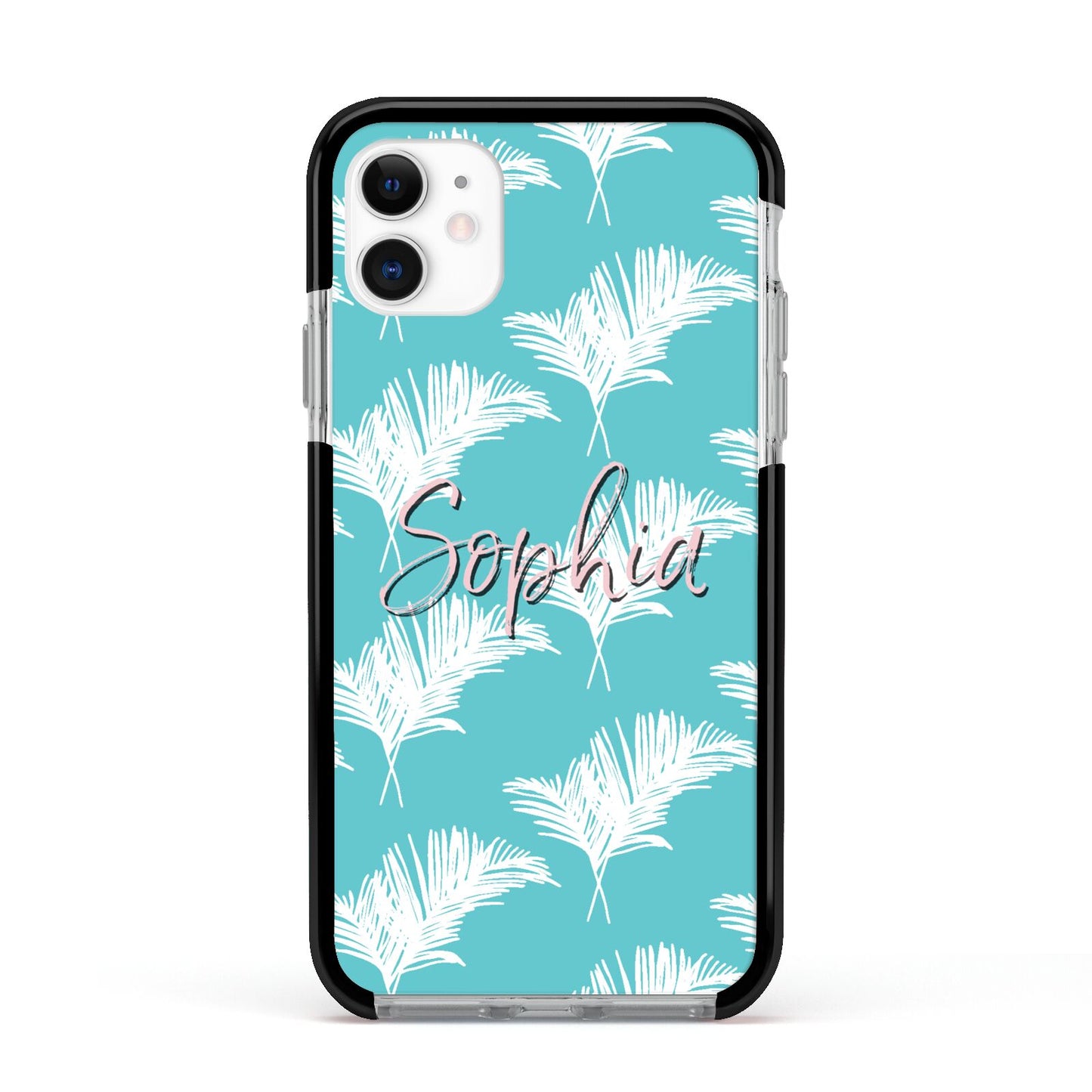 Personalised Blue White Tropical Foliage Apple iPhone 11 in White with Black Impact Case