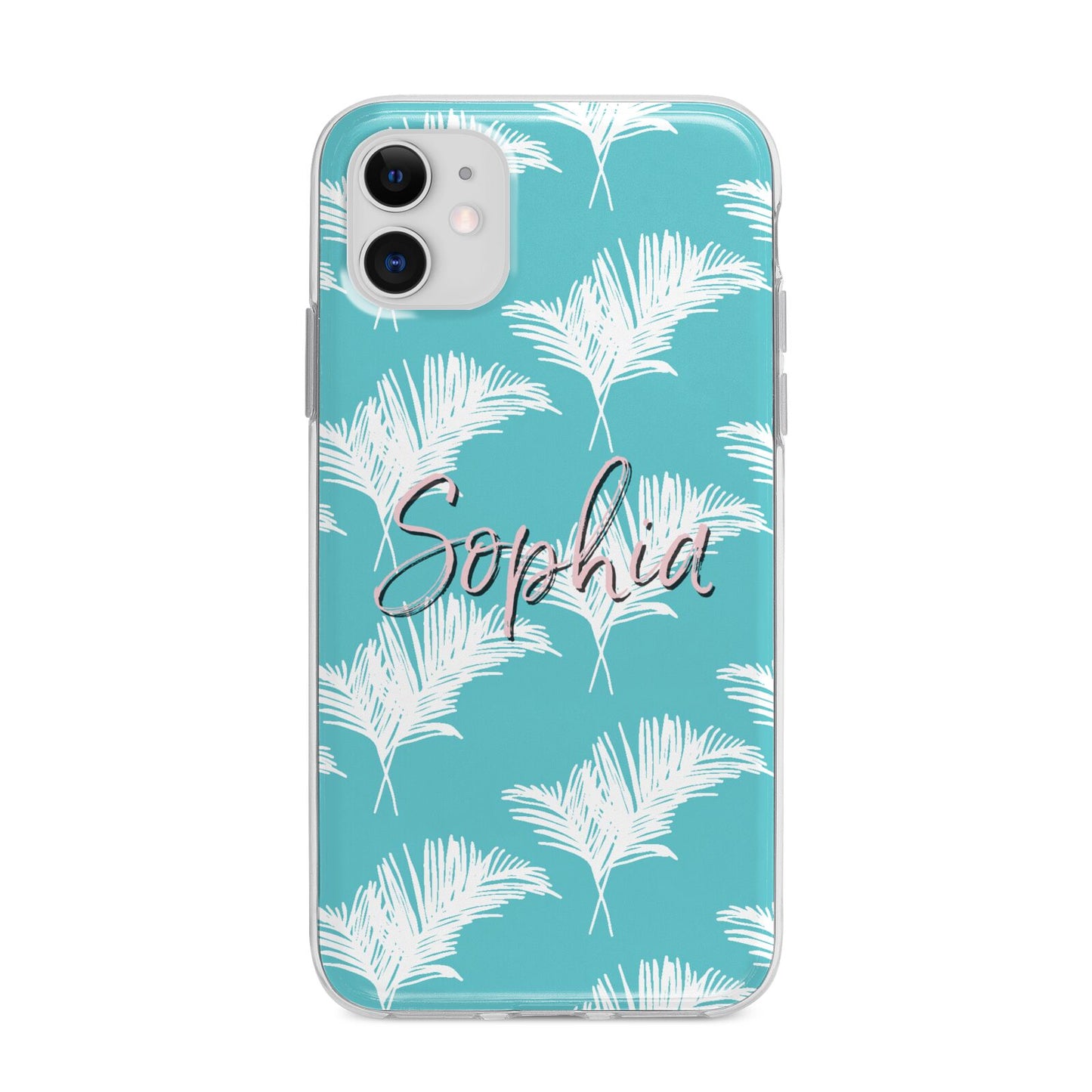 Personalised Blue White Tropical Foliage Apple iPhone 11 in White with Bumper Case