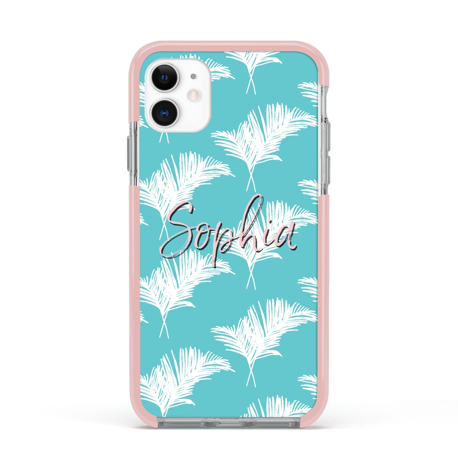 Personalised Blue White Tropical Foliage Apple iPhone 11 in White with Pink Impact Case