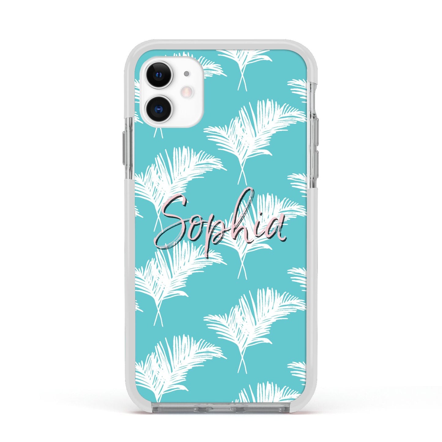 Personalised Blue White Tropical Foliage Apple iPhone 11 in White with White Impact Case