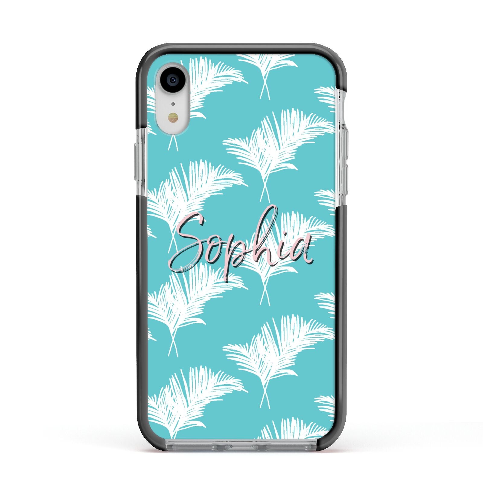 Personalised Blue White Tropical Foliage Apple iPhone XR Impact Case Black Edge on Silver Phone