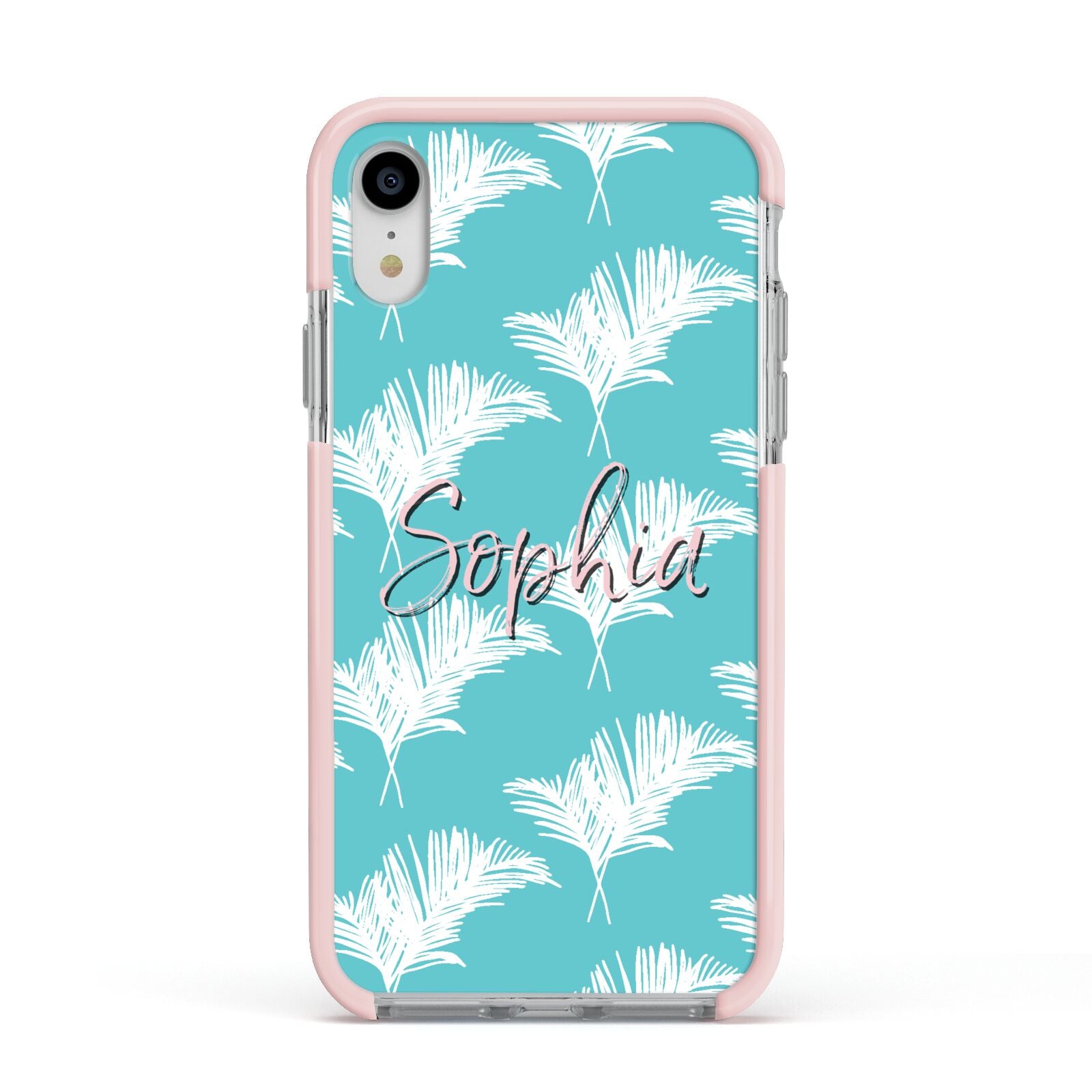 Personalised Blue White Tropical Foliage Apple iPhone XR Impact Case Pink Edge on Silver Phone