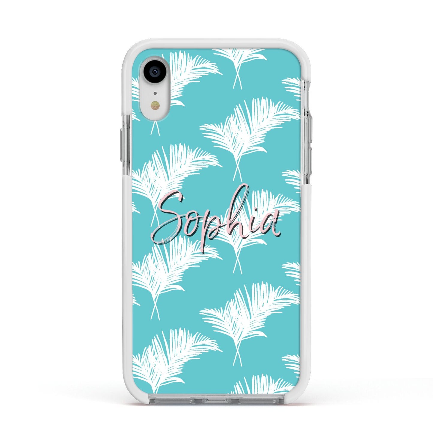 Personalised Blue White Tropical Foliage Apple iPhone XR Impact Case White Edge on Silver Phone