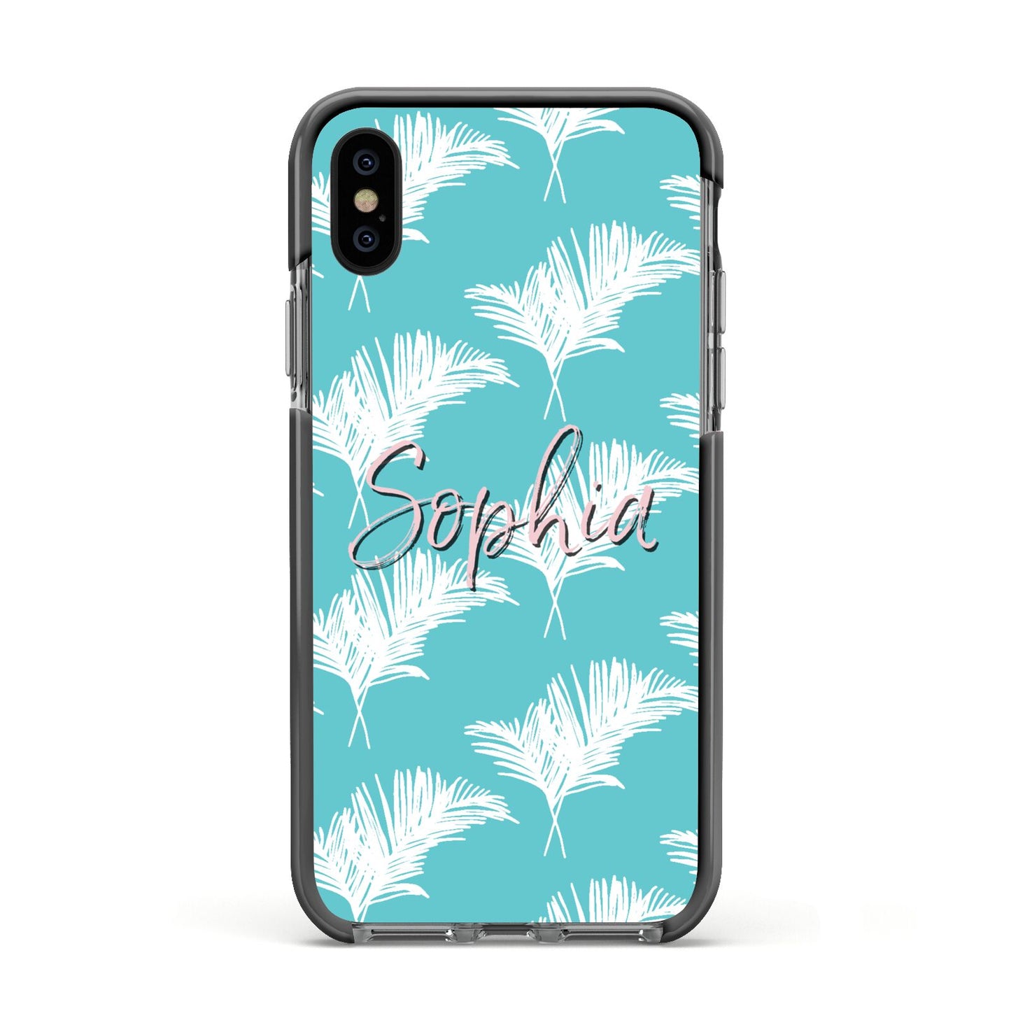 Personalised Blue White Tropical Foliage Apple iPhone Xs Impact Case Black Edge on Black Phone