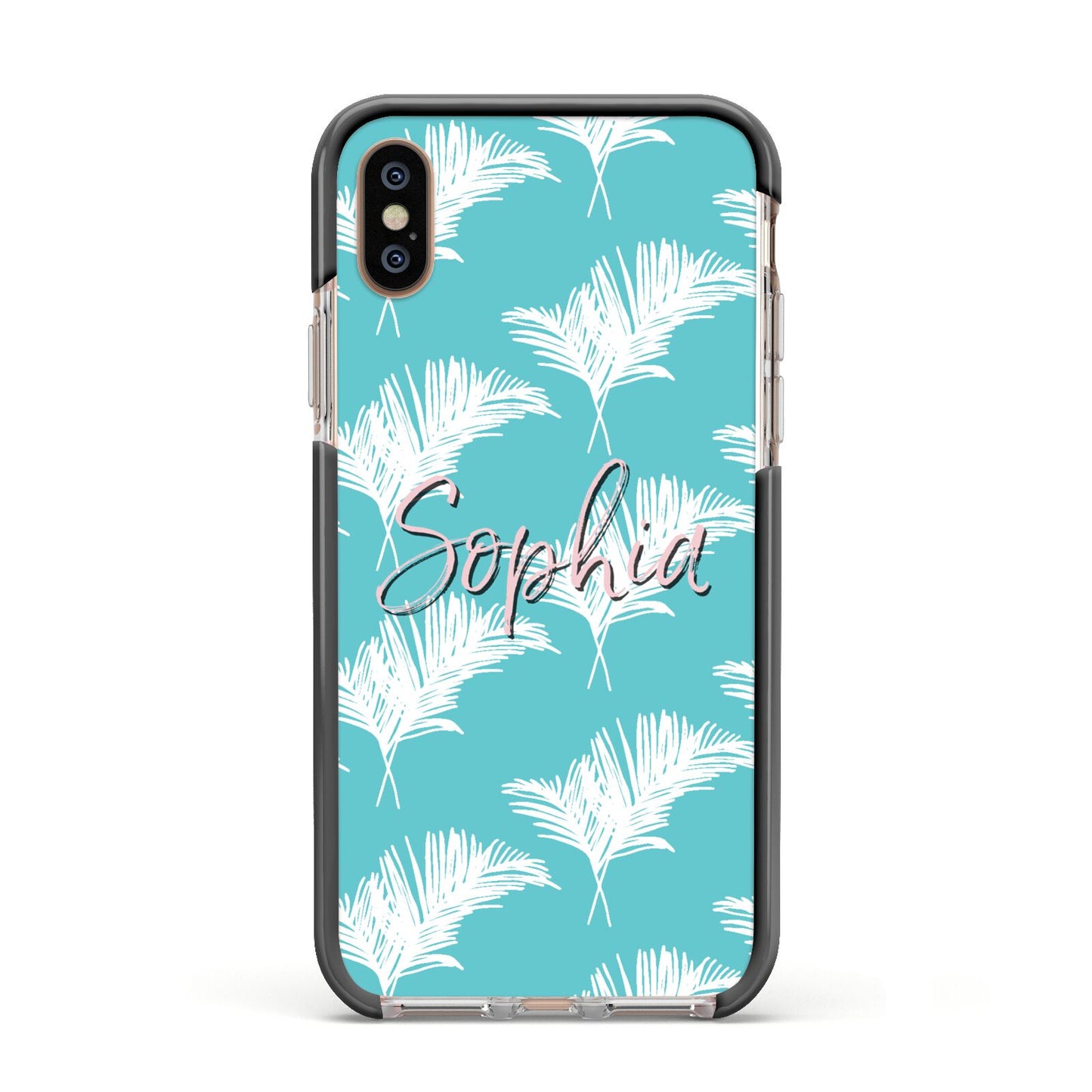 Personalised Blue White Tropical Foliage Apple iPhone Xs Impact Case Black Edge on Gold Phone