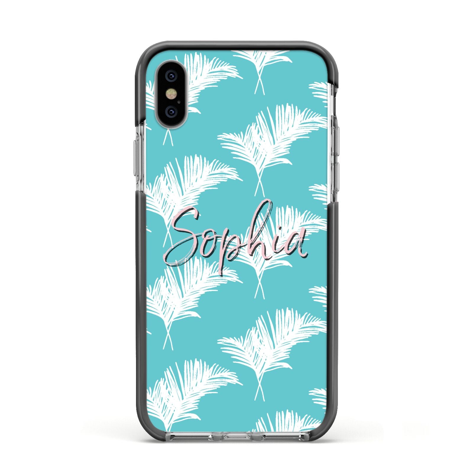 Personalised Blue White Tropical Foliage Apple iPhone Xs Impact Case Black Edge on Silver Phone