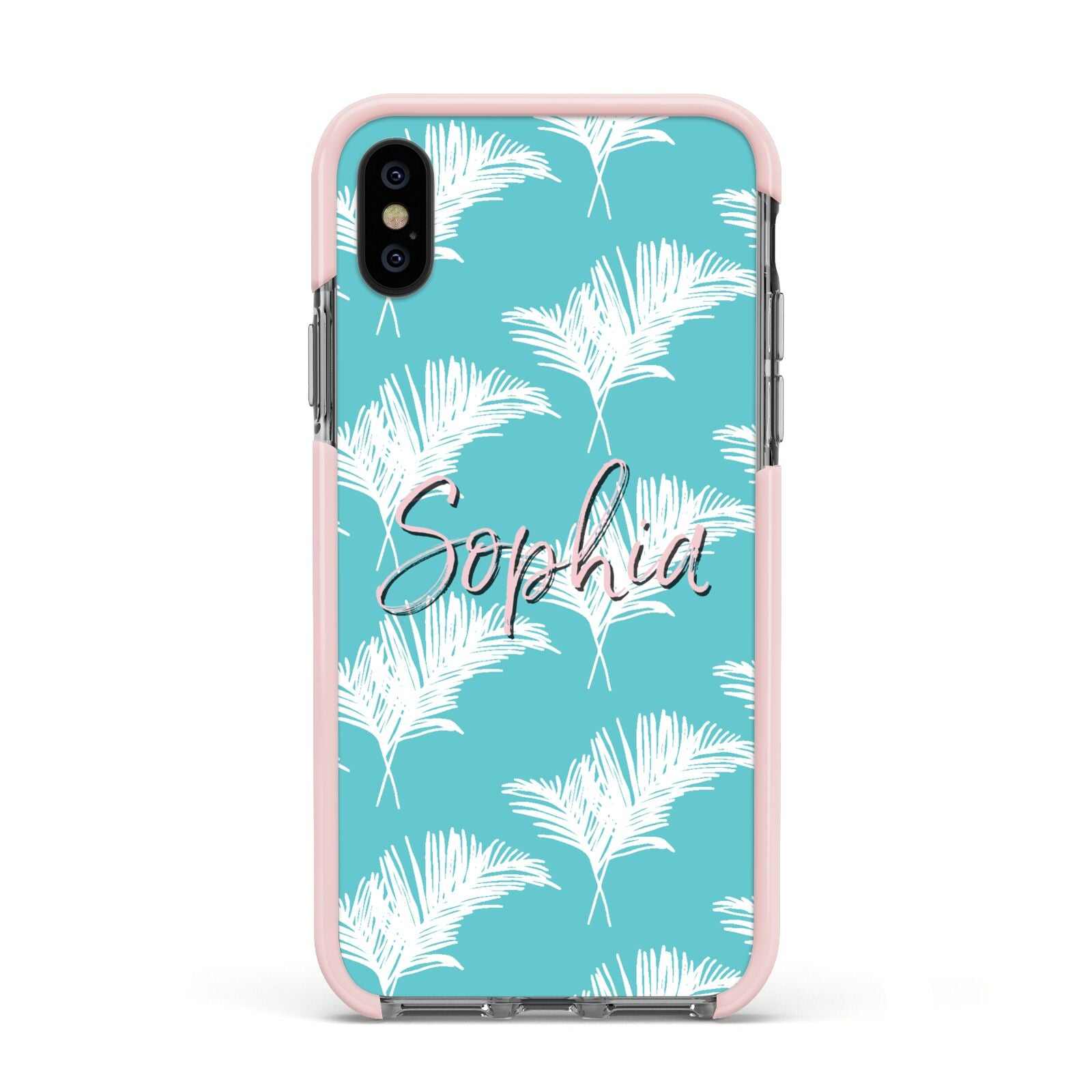 Personalised Blue White Tropical Foliage Apple iPhone Xs Impact Case Pink Edge on Black Phone