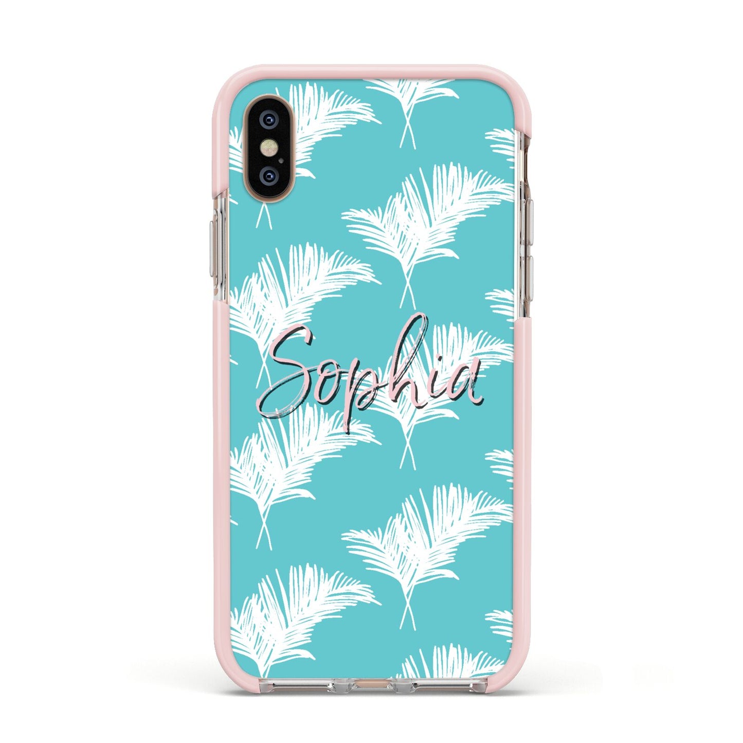 Personalised Blue White Tropical Foliage Apple iPhone Xs Impact Case Pink Edge on Gold Phone