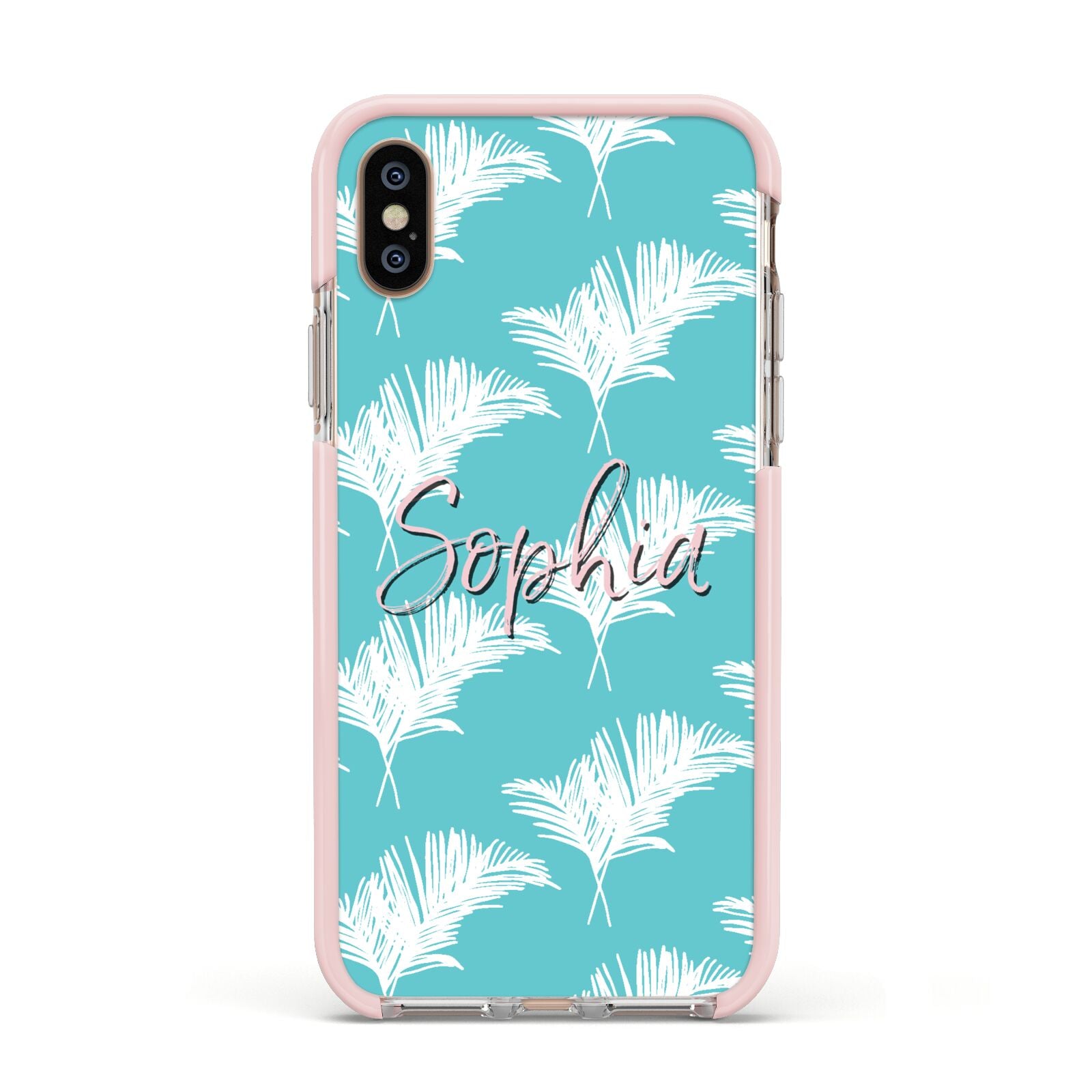 Personalised Blue White Tropical Foliage Apple iPhone Xs Impact Case Pink Edge on Gold Phone