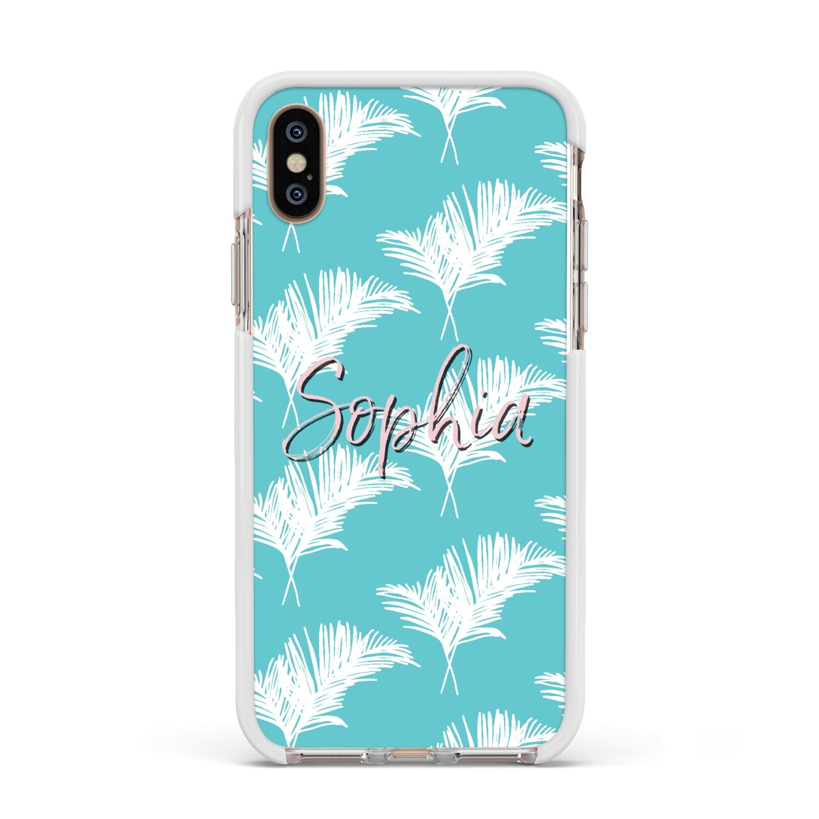 Personalised Blue White Tropical Foliage Apple iPhone Xs Impact Case White Edge on Gold Phone