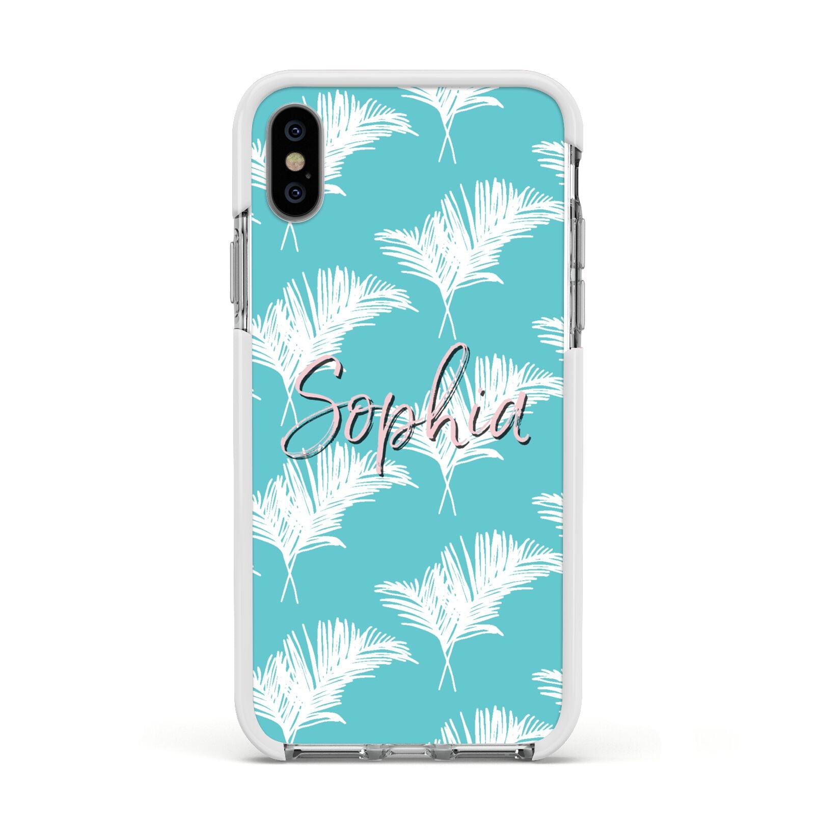 Personalised Blue White Tropical Foliage Apple iPhone Xs Impact Case White Edge on Silver Phone