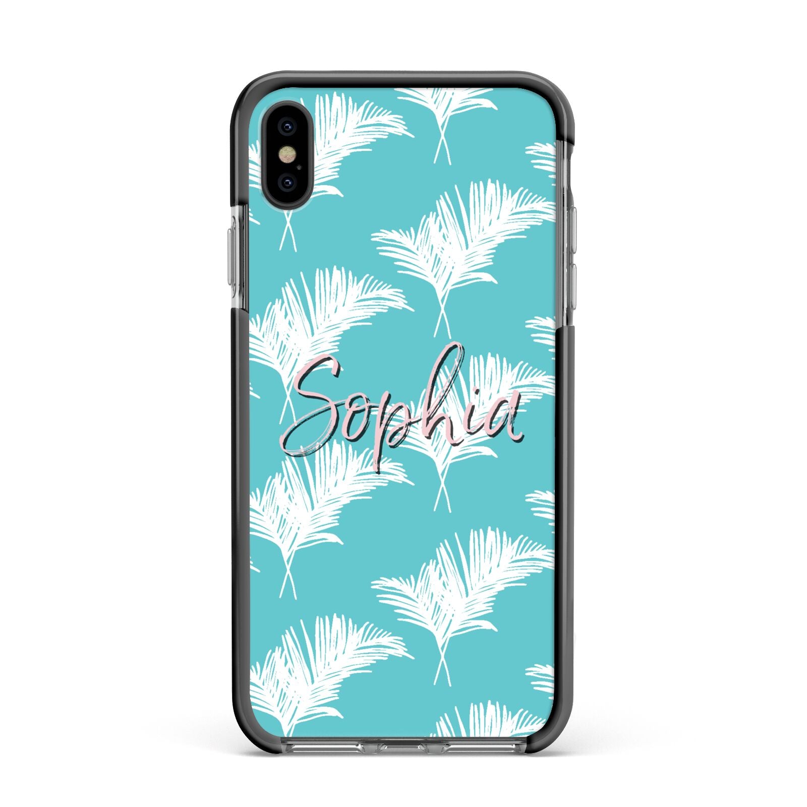 Personalised Blue White Tropical Foliage Apple iPhone Xs Max Impact Case Black Edge on Black Phone