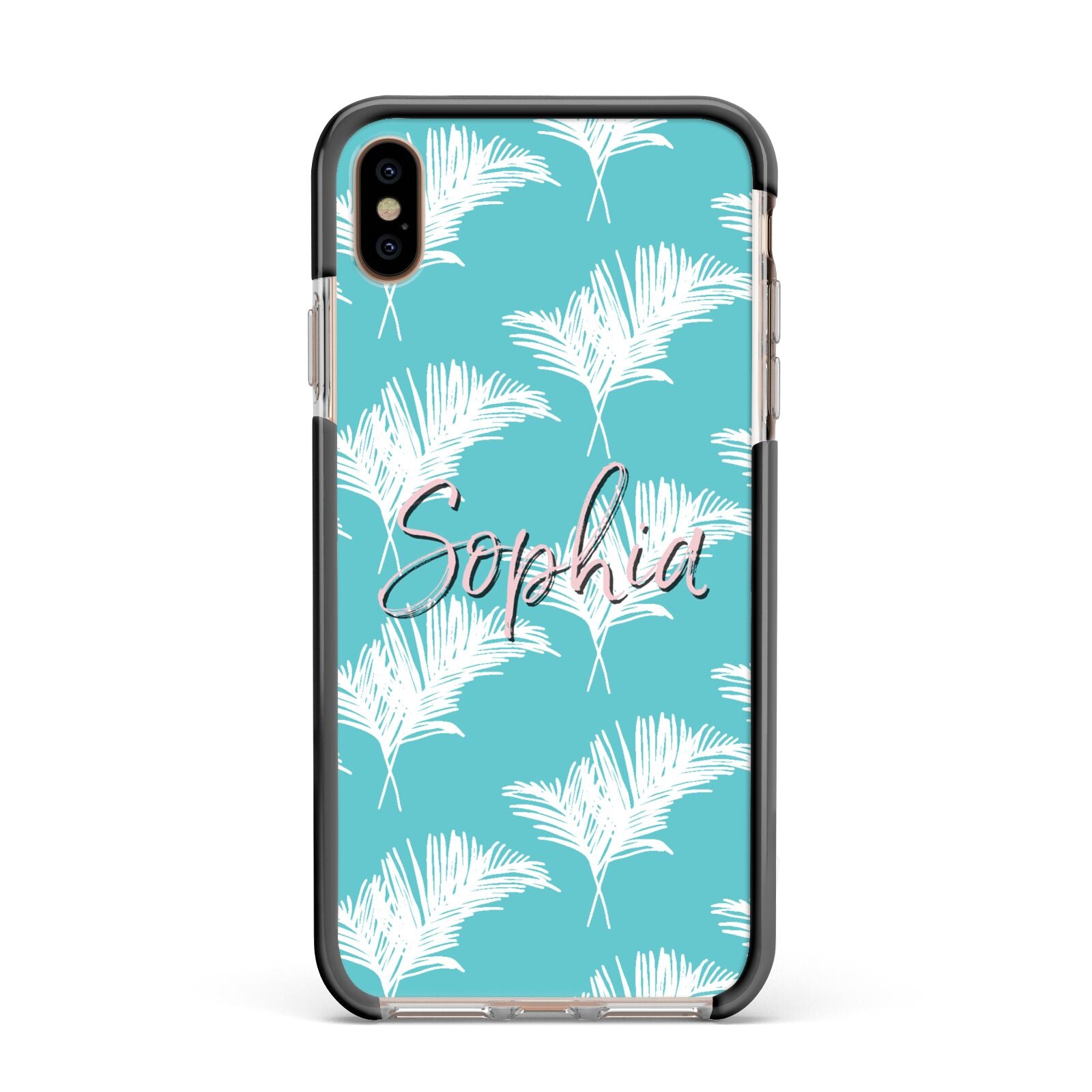 Personalised Blue White Tropical Foliage Apple iPhone Xs Max Impact Case Black Edge on Gold Phone