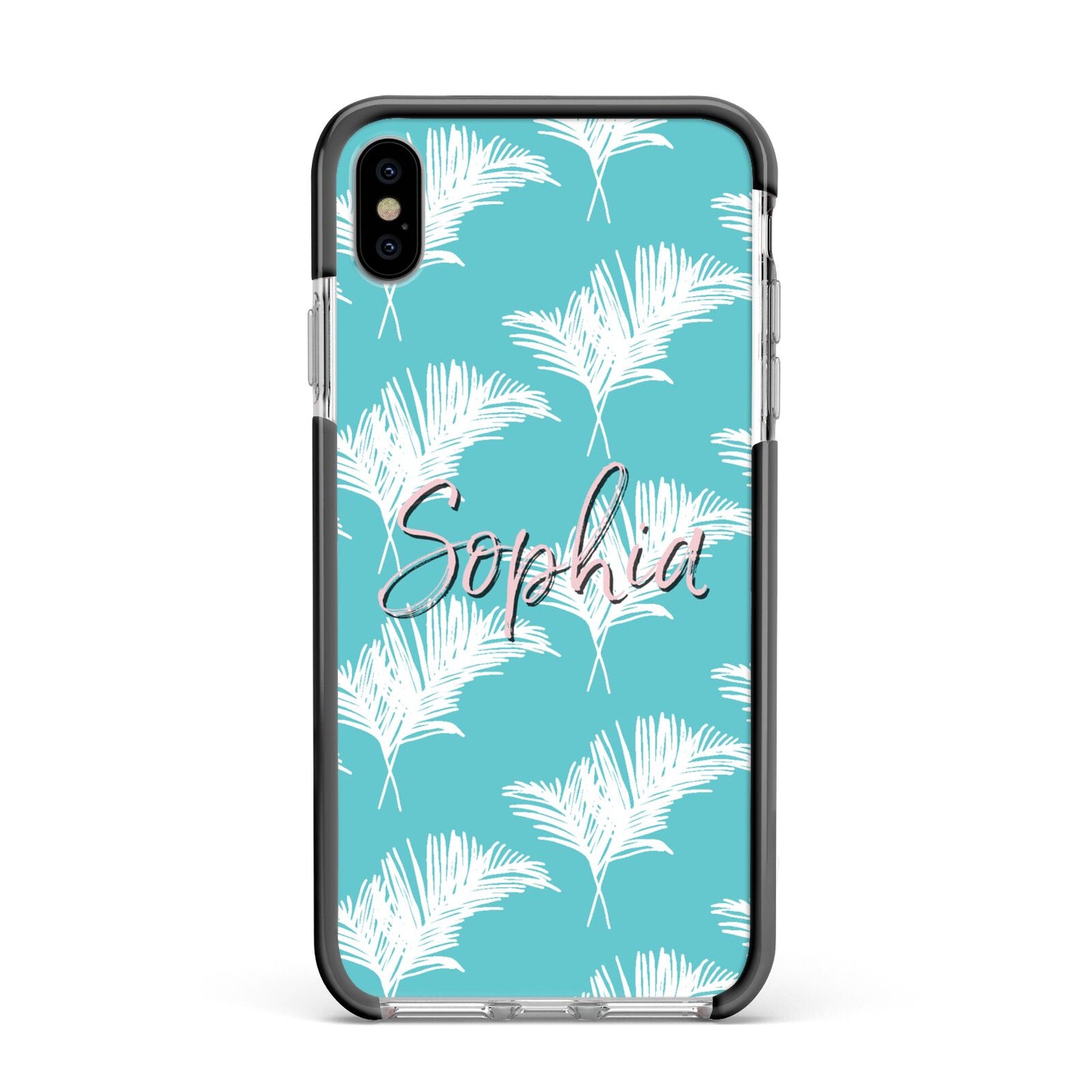 Personalised Blue White Tropical Foliage Apple iPhone Xs Max Impact Case Black Edge on Silver Phone