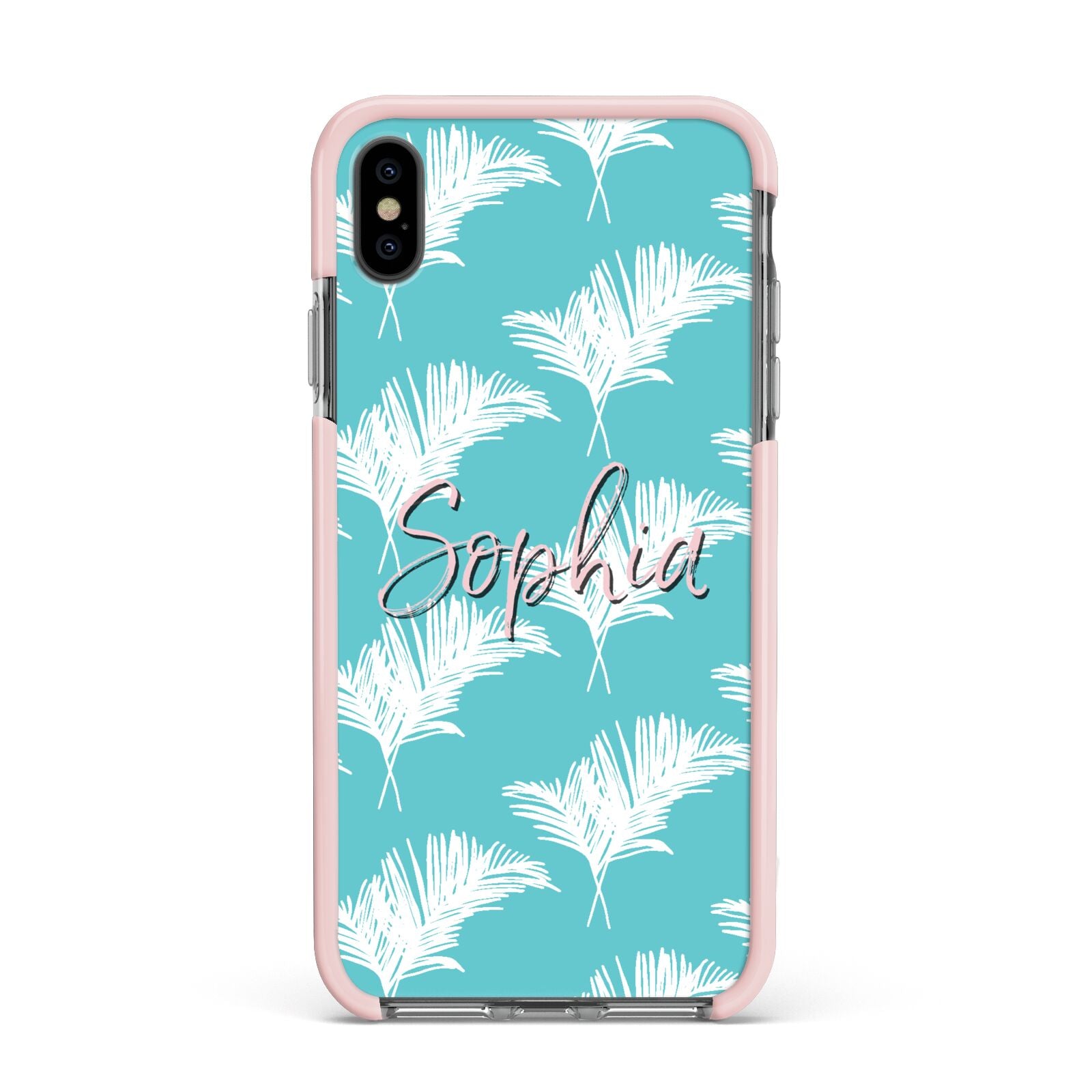 Personalised Blue White Tropical Foliage Apple iPhone Xs Max Impact Case Pink Edge on Black Phone