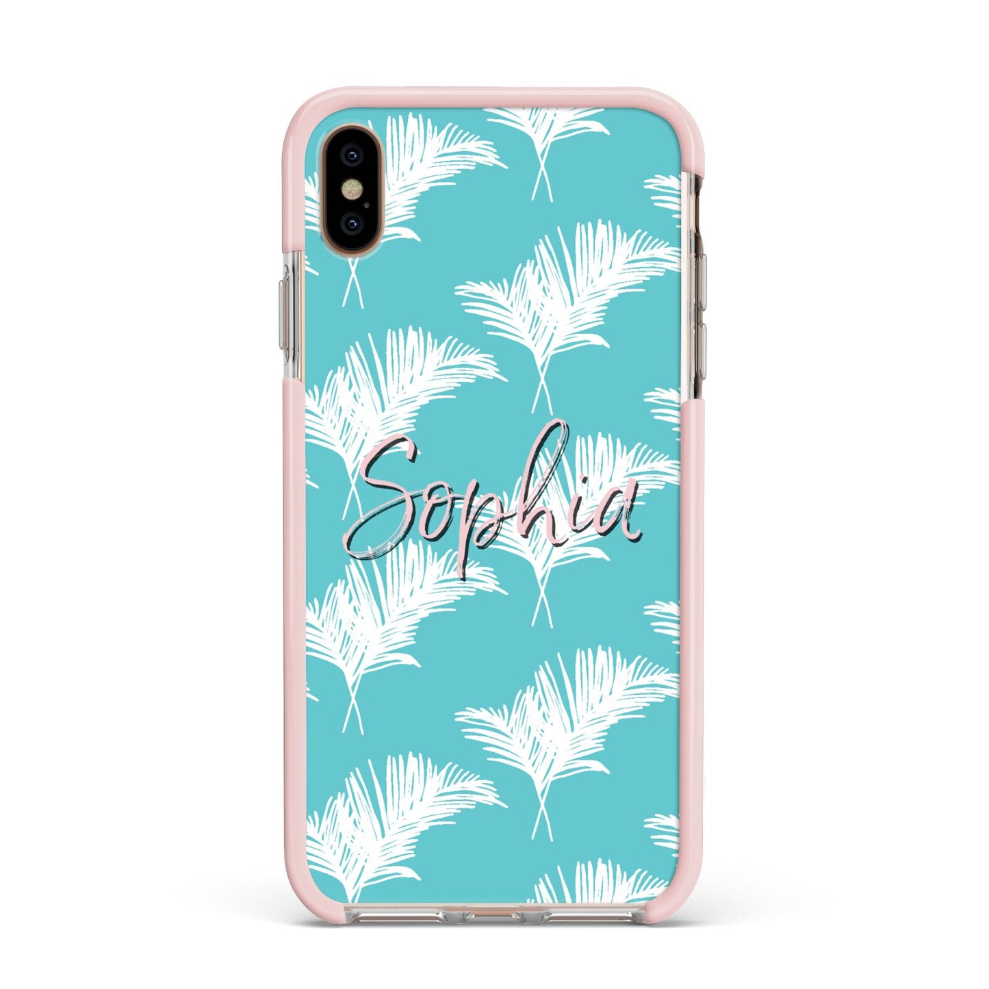 Personalised Blue White Tropical Foliage Apple iPhone Xs Max Impact Case Pink Edge on Gold Phone