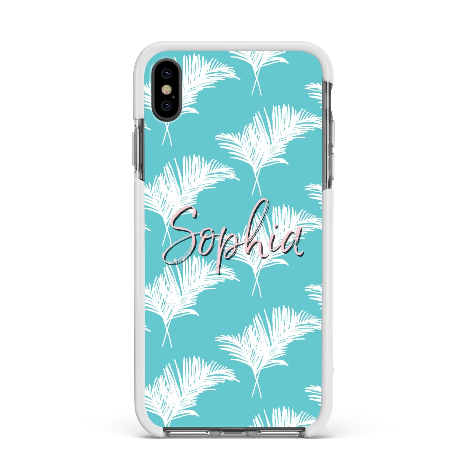 Personalised Blue White Tropical Foliage Apple iPhone Xs Max Impact Case White Edge on Black Phone