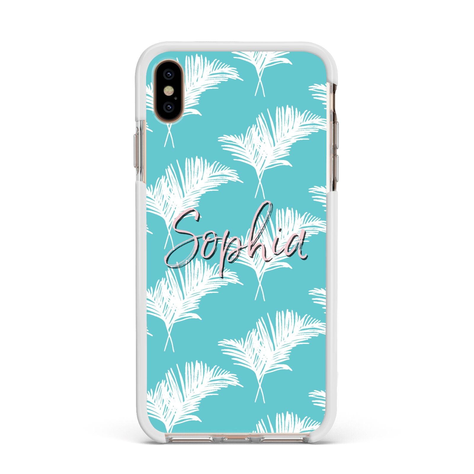 Personalised Blue White Tropical Foliage Apple iPhone Xs Max Impact Case White Edge on Gold Phone