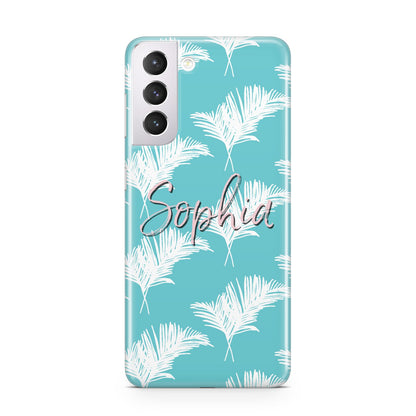 Personalised Blue White Tropical Foliage Samsung S21 Case