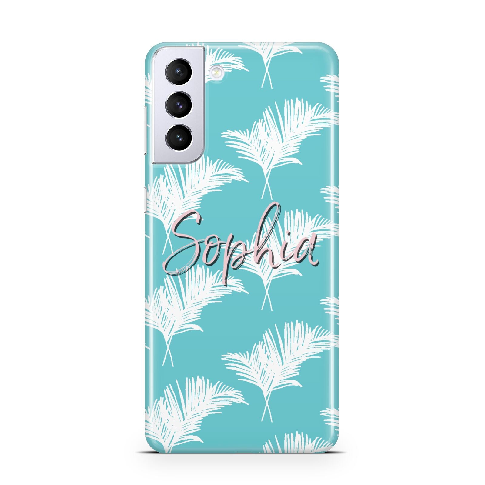 Personalised Blue White Tropical Foliage Samsung S21 Plus Case