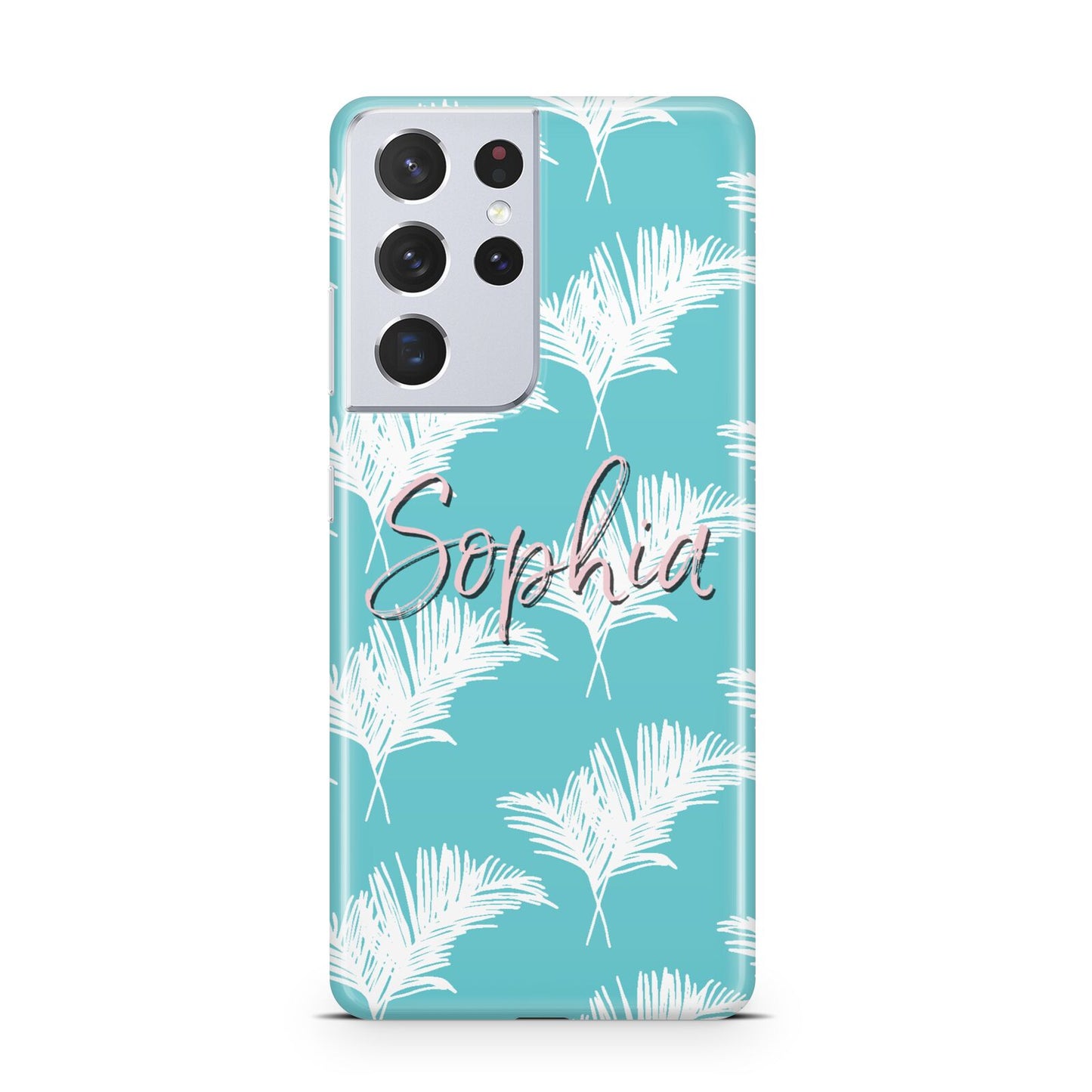 Personalised Blue White Tropical Foliage Samsung S21 Ultra Case