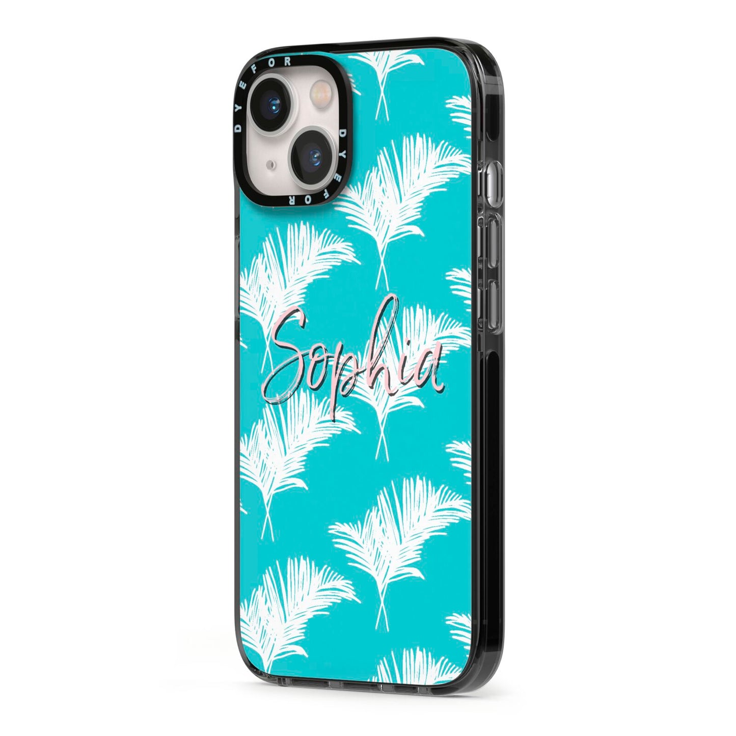 Personalised Blue White Tropical Foliage iPhone 13 Black Impact Case Side Angle on Silver phone