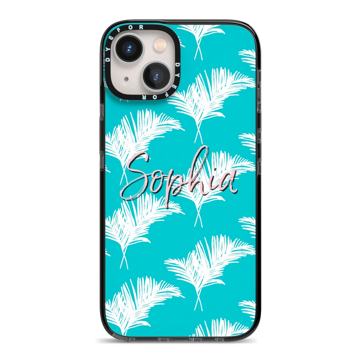 Personalised Blue White Tropical Foliage iPhone 13 Black Impact Case on Silver phone