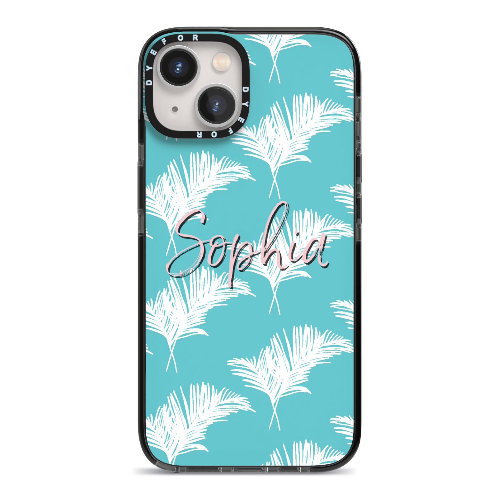 Personalised Blue White Tropical Foliage iPhone 13 Black Impact Case on Silver phone