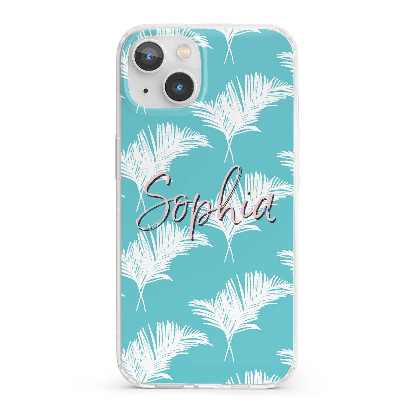 Personalised Blue White Tropical Foliage iPhone 13 Clear Bumper Case