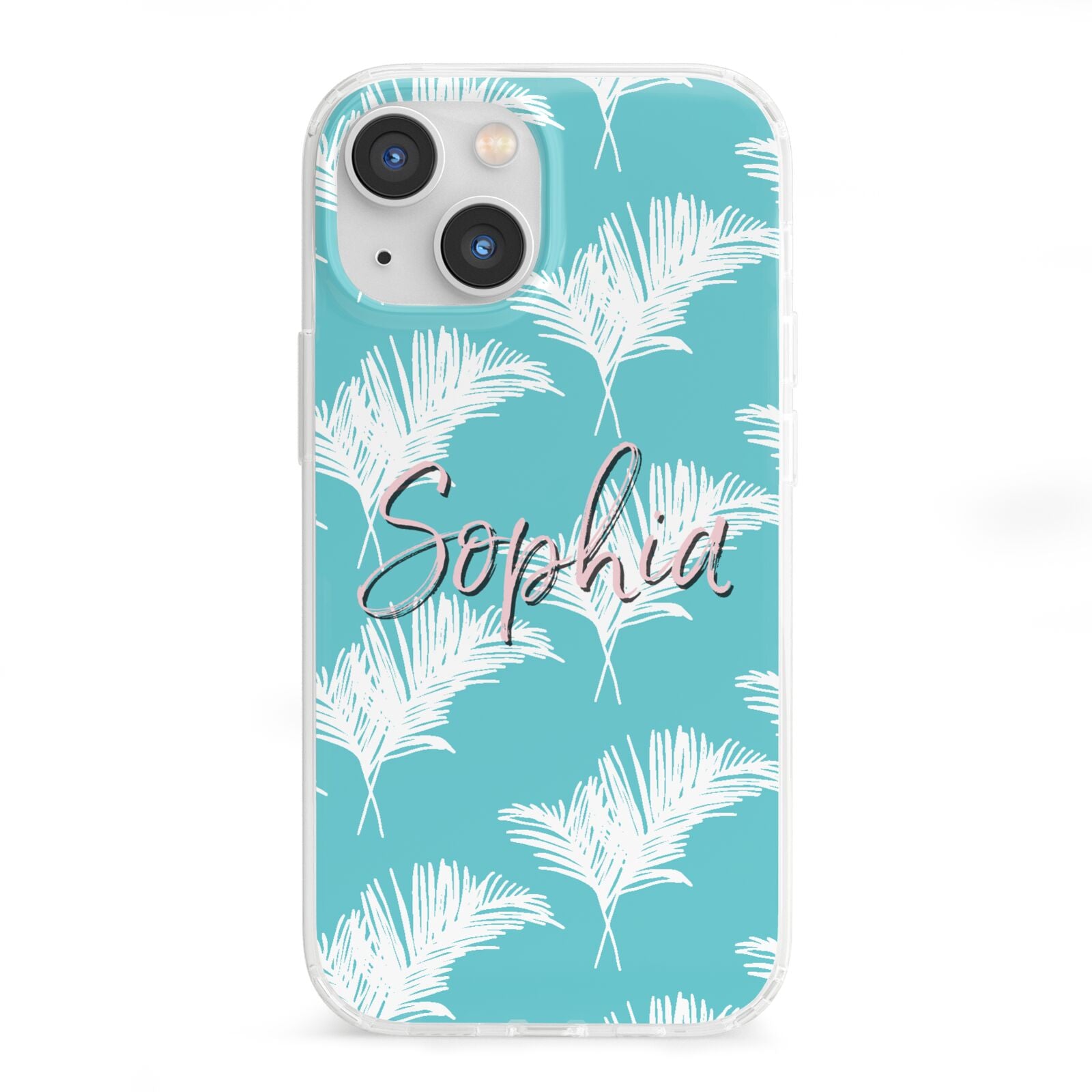 Personalised Blue White Tropical Foliage iPhone 13 Mini Clear Bumper Case