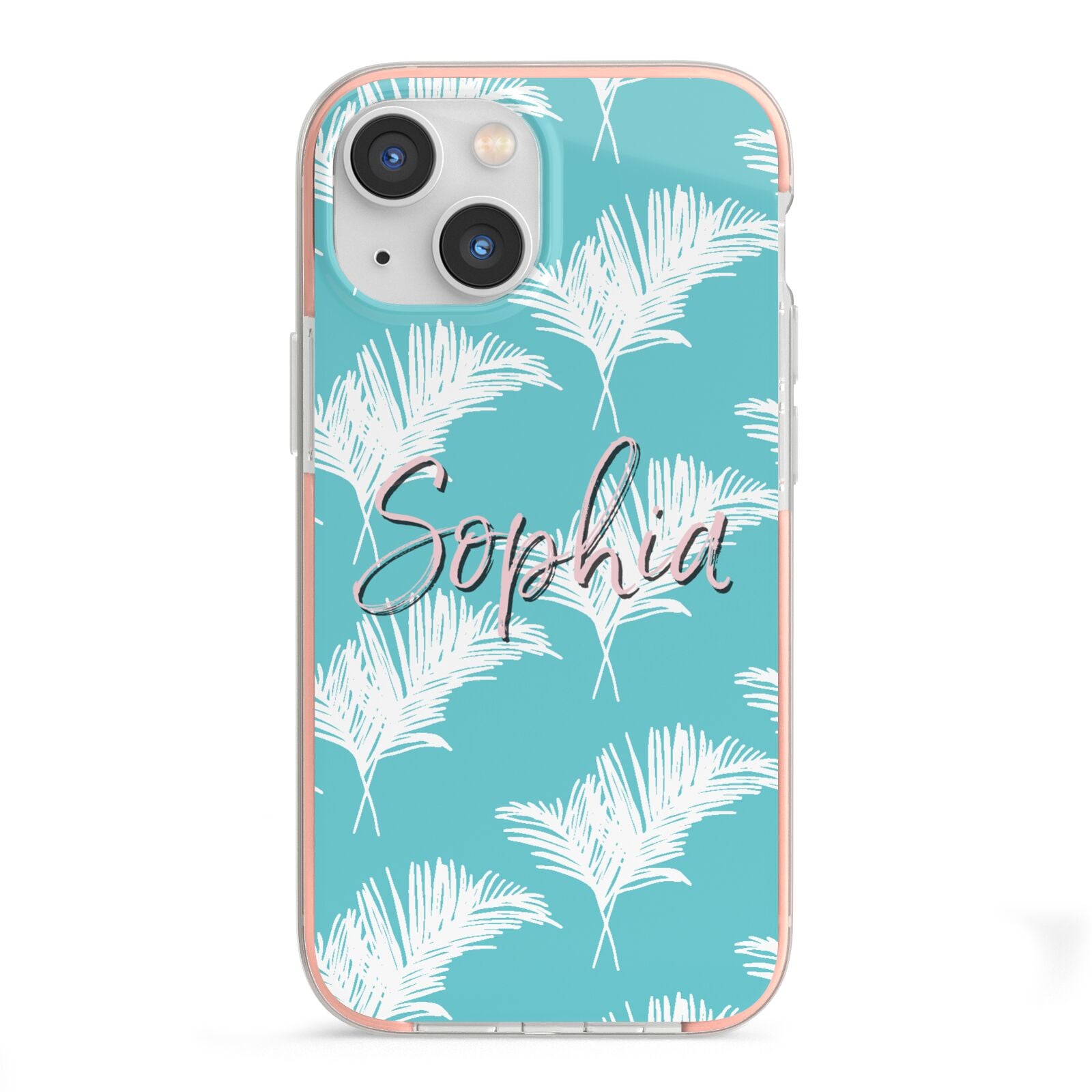 Personalised Blue White Tropical Foliage iPhone 13 Mini TPU Impact Case with Pink Edges