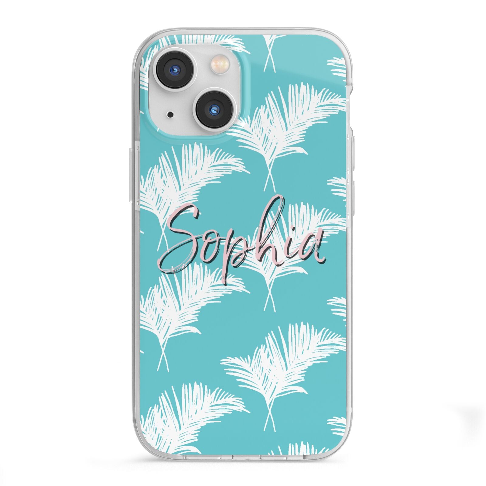 Personalised Blue White Tropical Foliage iPhone 13 Mini TPU Impact Case with White Edges