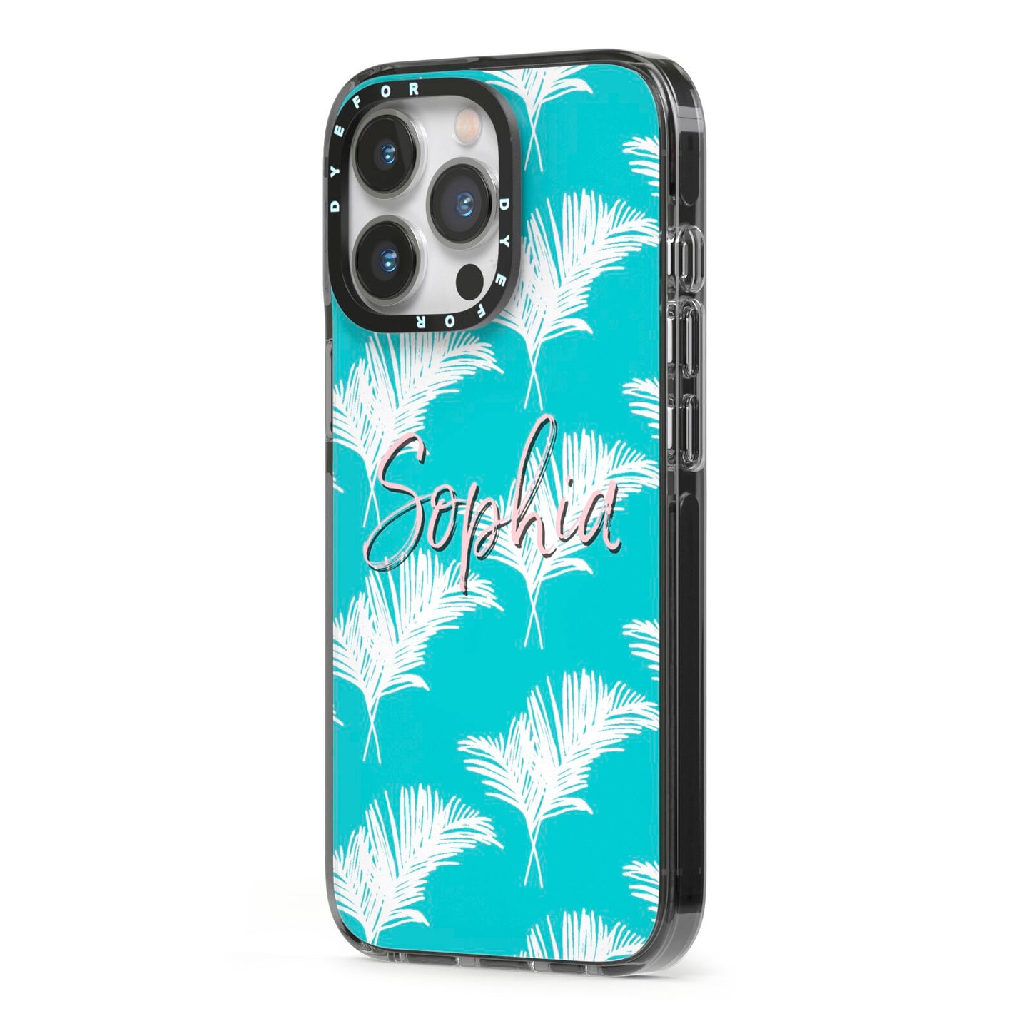 Personalised Blue White Tropical Foliage iPhone 13 Pro Black Impact Case Side Angle on Silver phone