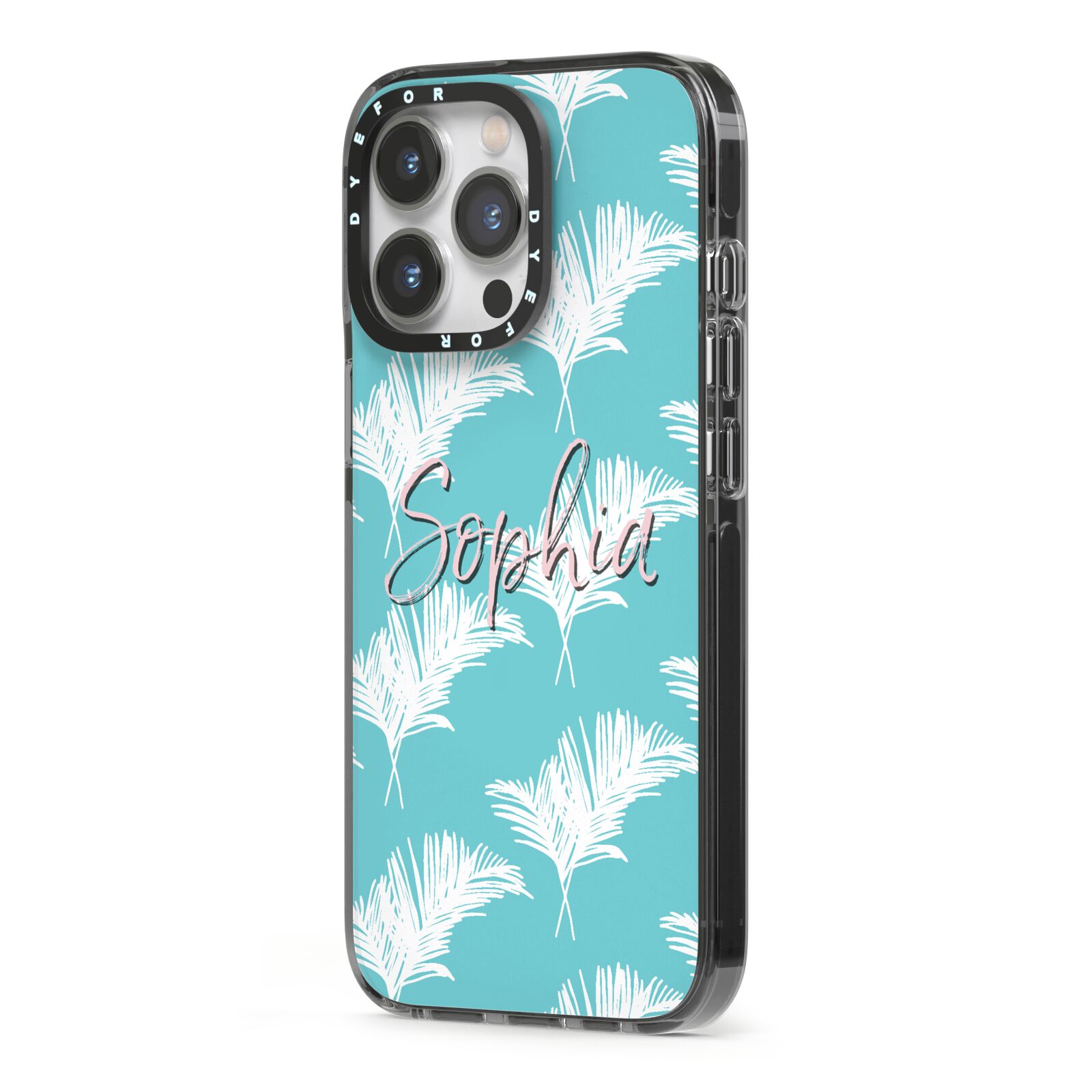 Personalised Blue White Tropical Foliage iPhone 13 Pro Black Impact Case Side Angle on Silver phone