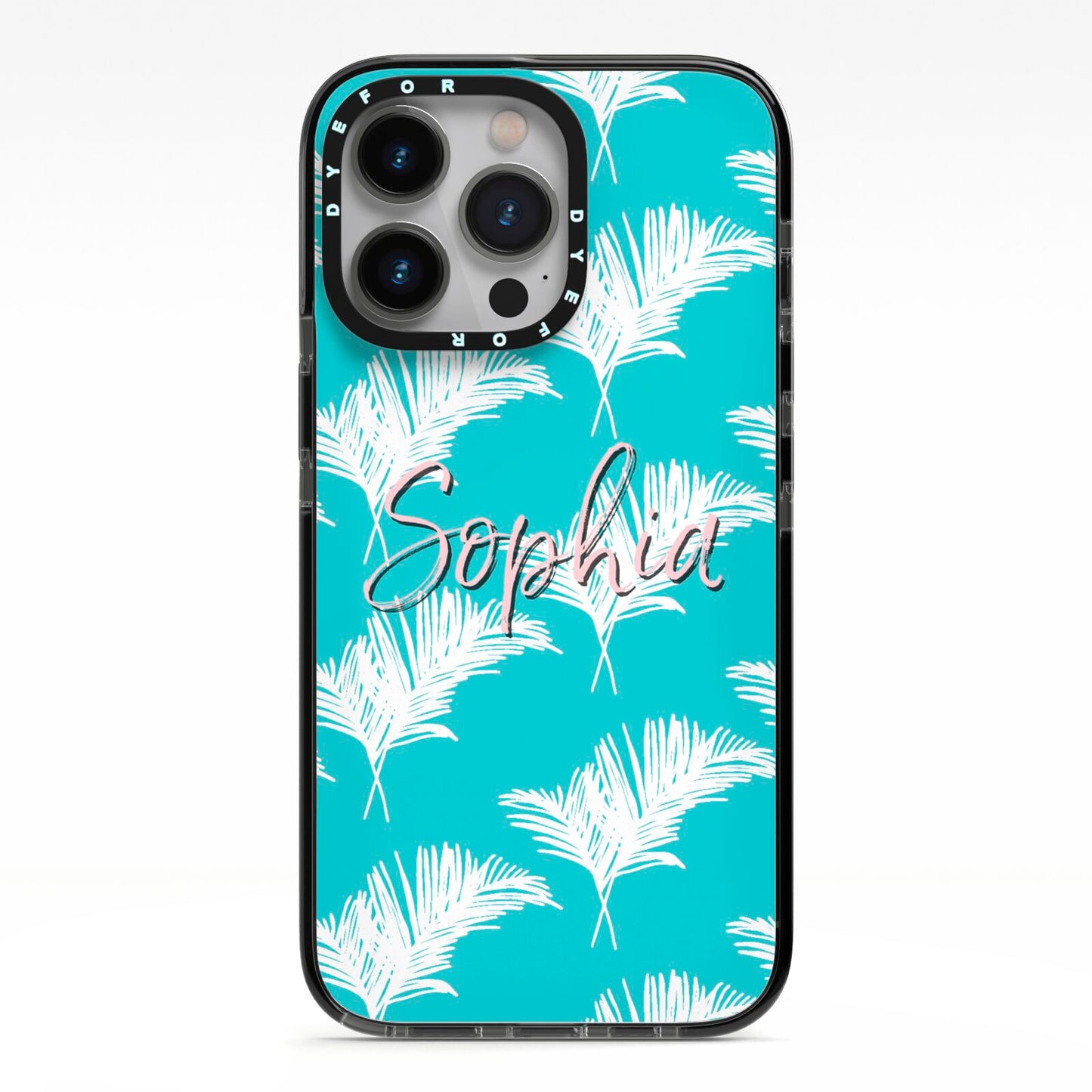 Personalised Blue White Tropical Foliage iPhone 13 Pro Black Impact Case on Silver phone