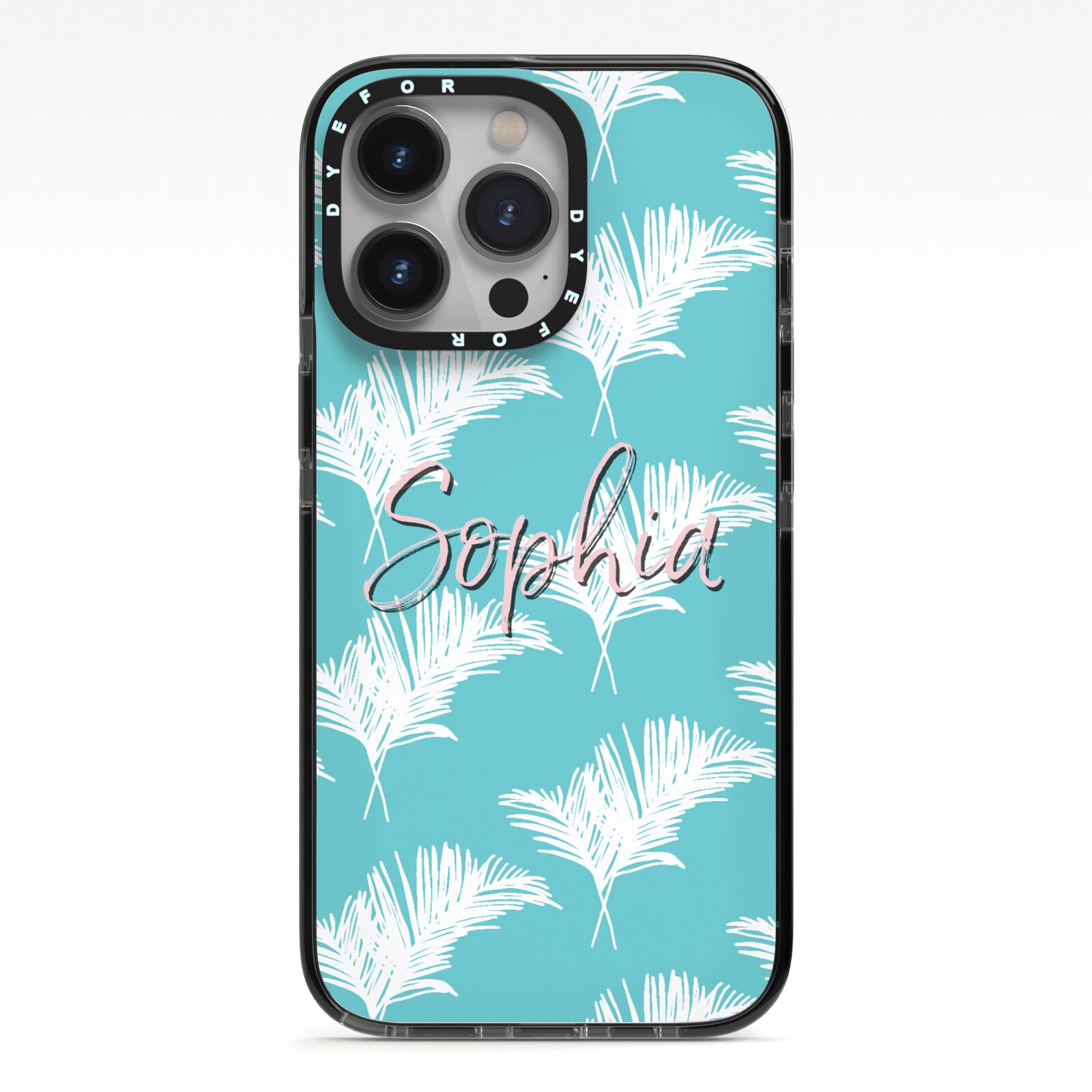 Personalised Blue White Tropical Foliage iPhone 13 Pro Black Impact Case on Silver phone