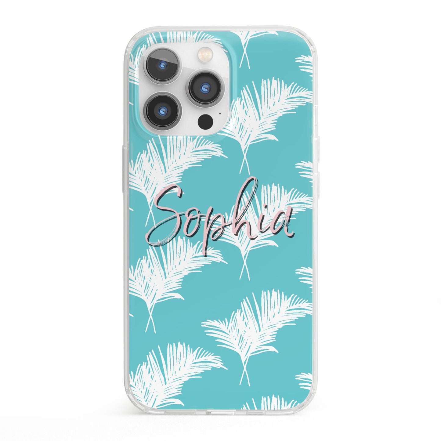 Personalised Blue White Tropical Foliage iPhone 13 Pro Clear Bumper Case