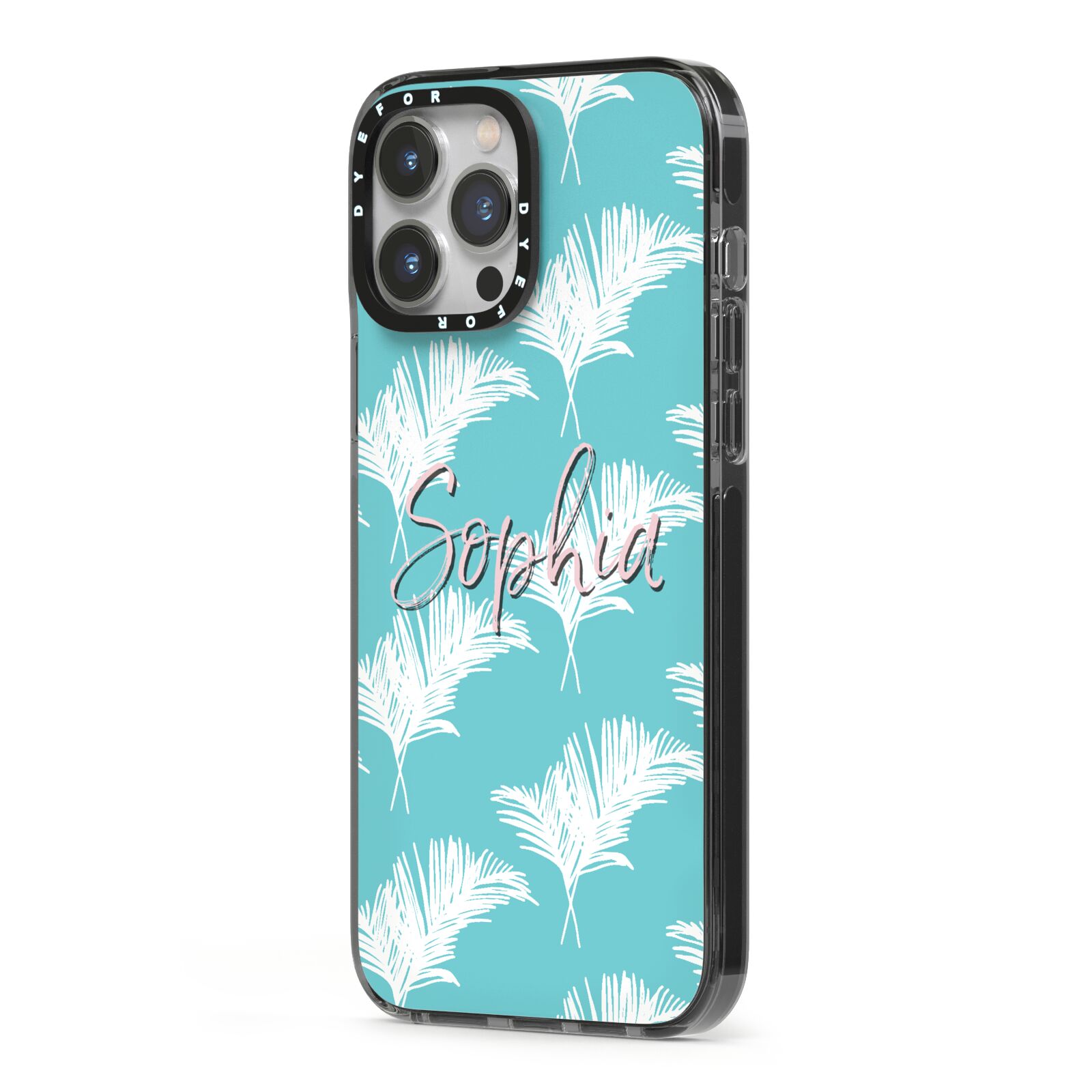 Personalised Blue White Tropical Foliage iPhone 13 Pro Max Black Impact Case Side Angle on Silver phone