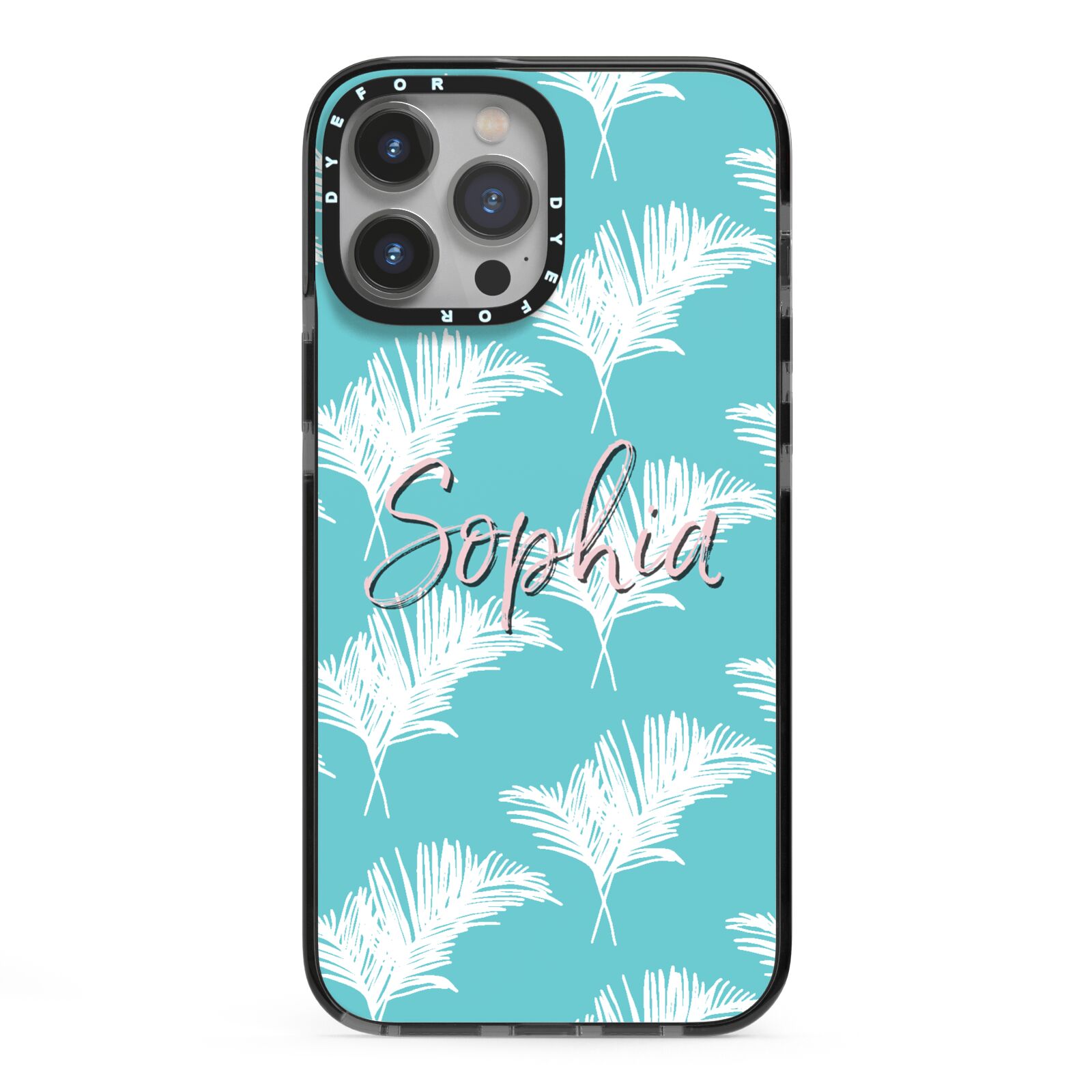 Personalised Blue White Tropical Foliage iPhone 13 Pro Max Black Impact Case on Silver phone