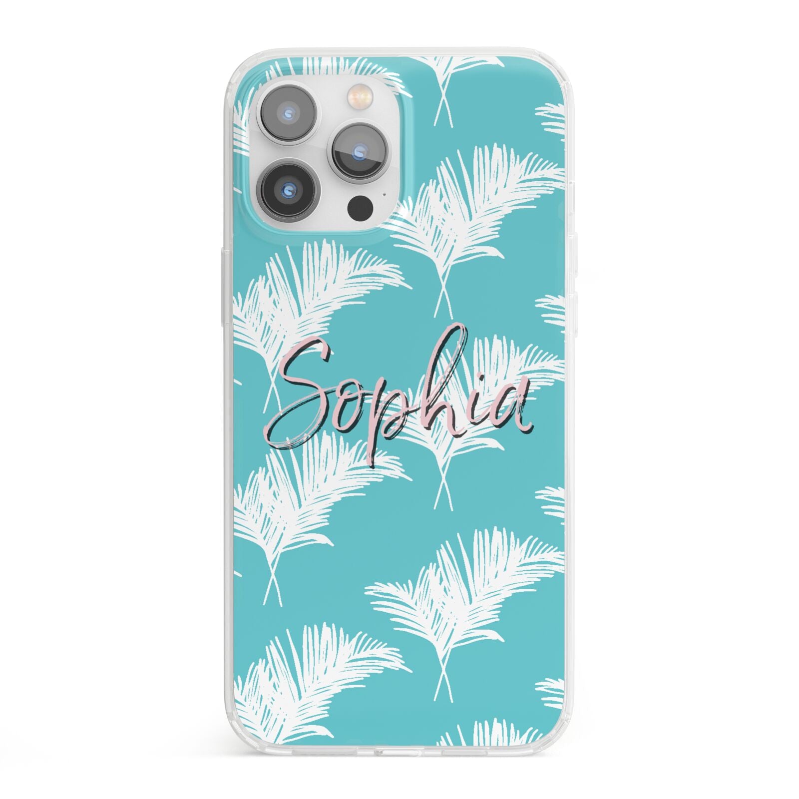 Personalised Blue White Tropical Foliage iPhone 13 Pro Max Clear Bumper Case