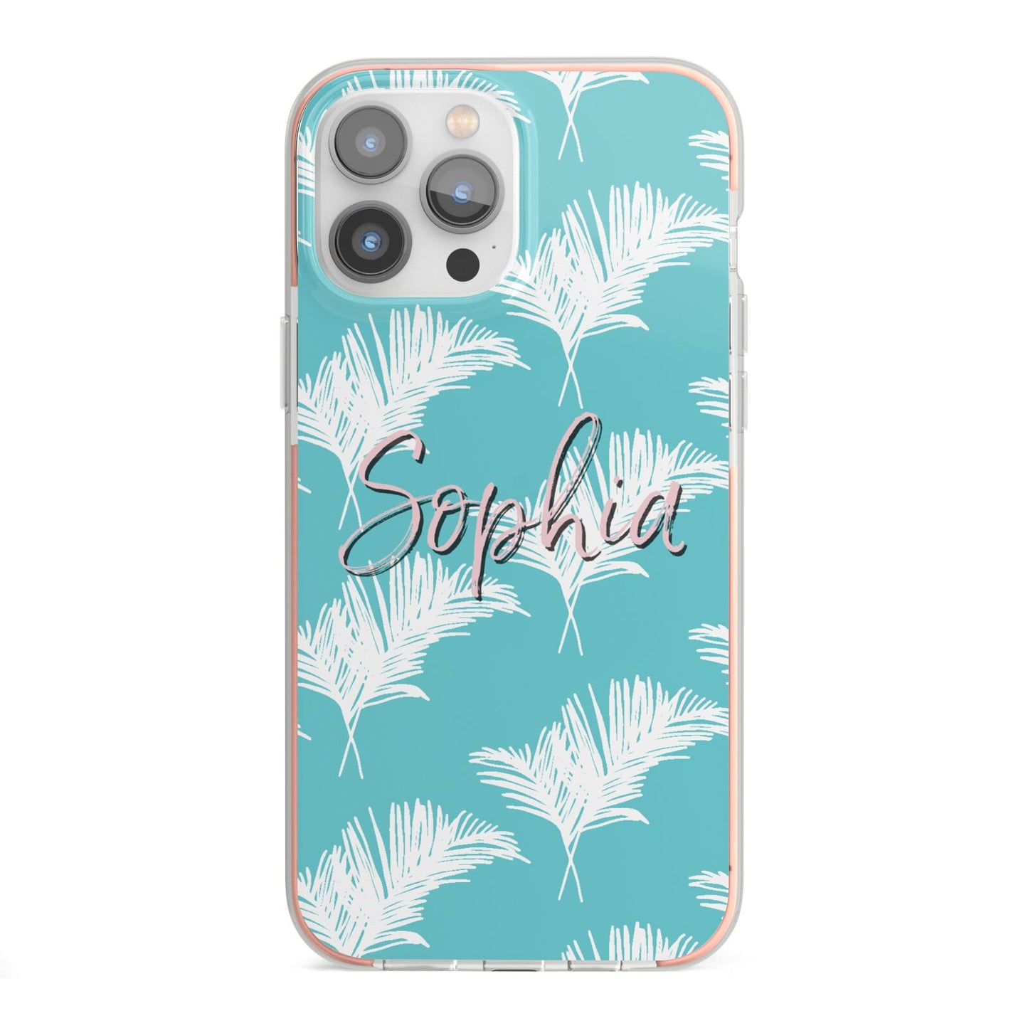 Personalised Blue White Tropical Foliage iPhone 13 Pro Max TPU Impact Case with Pink Edges