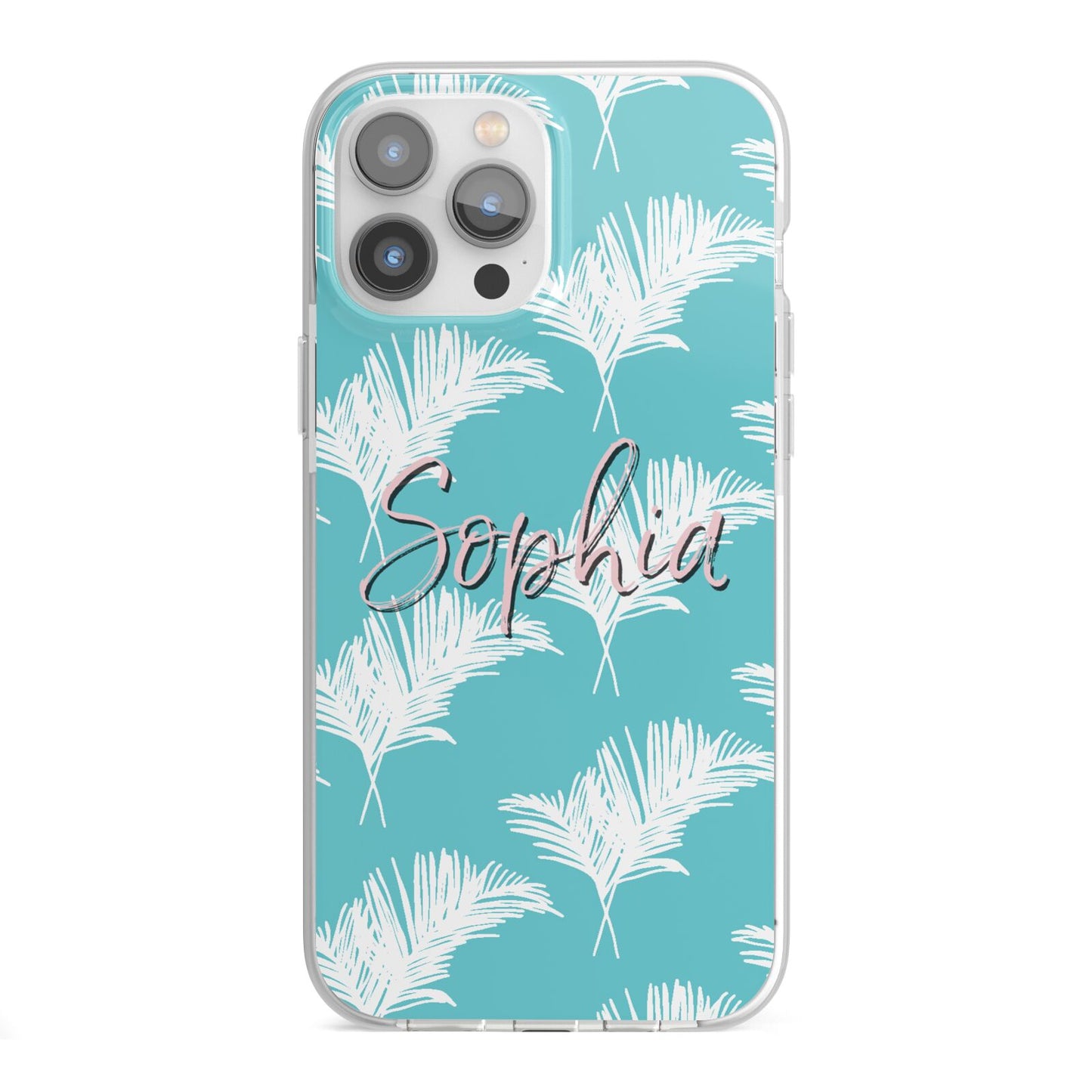 Personalised Blue White Tropical Foliage iPhone 13 Pro Max TPU Impact Case with White Edges