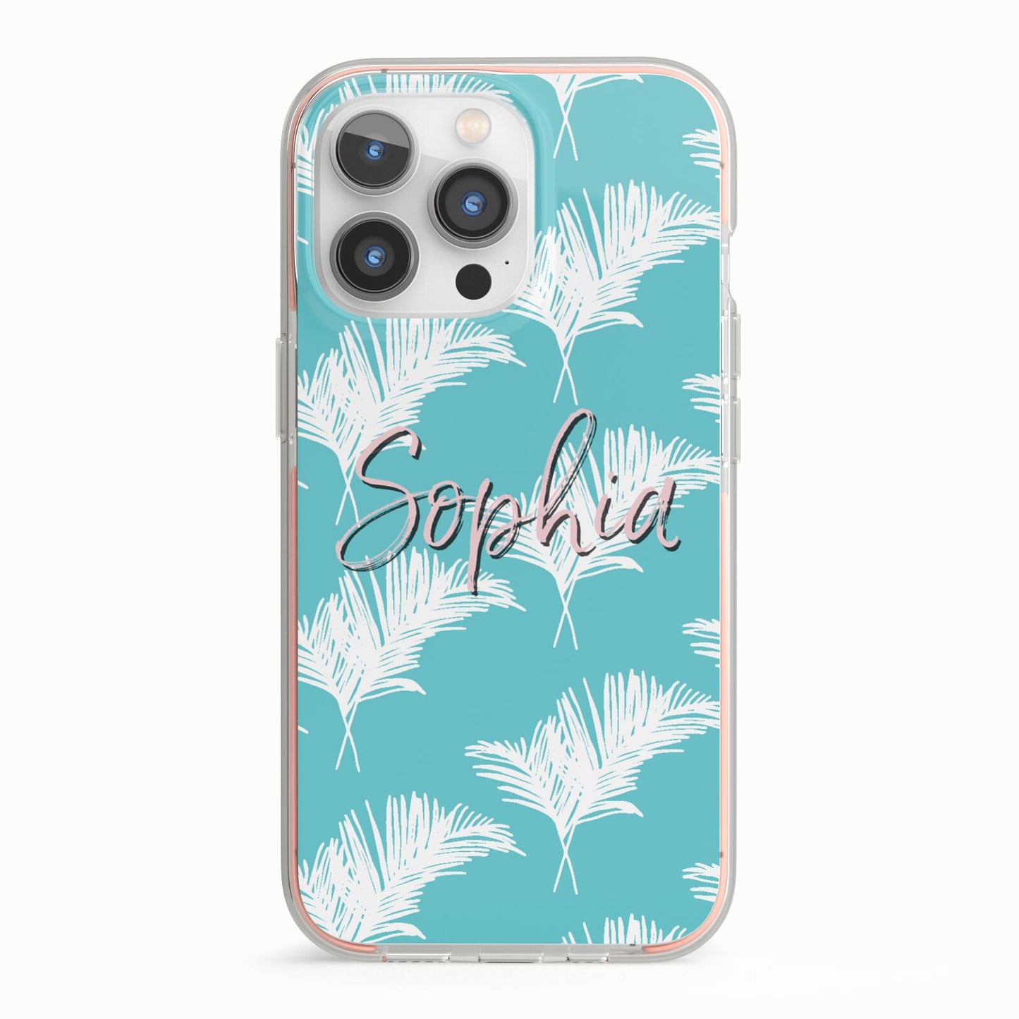 Personalised Blue White Tropical Foliage iPhone 13 Pro TPU Impact Case with Pink Edges