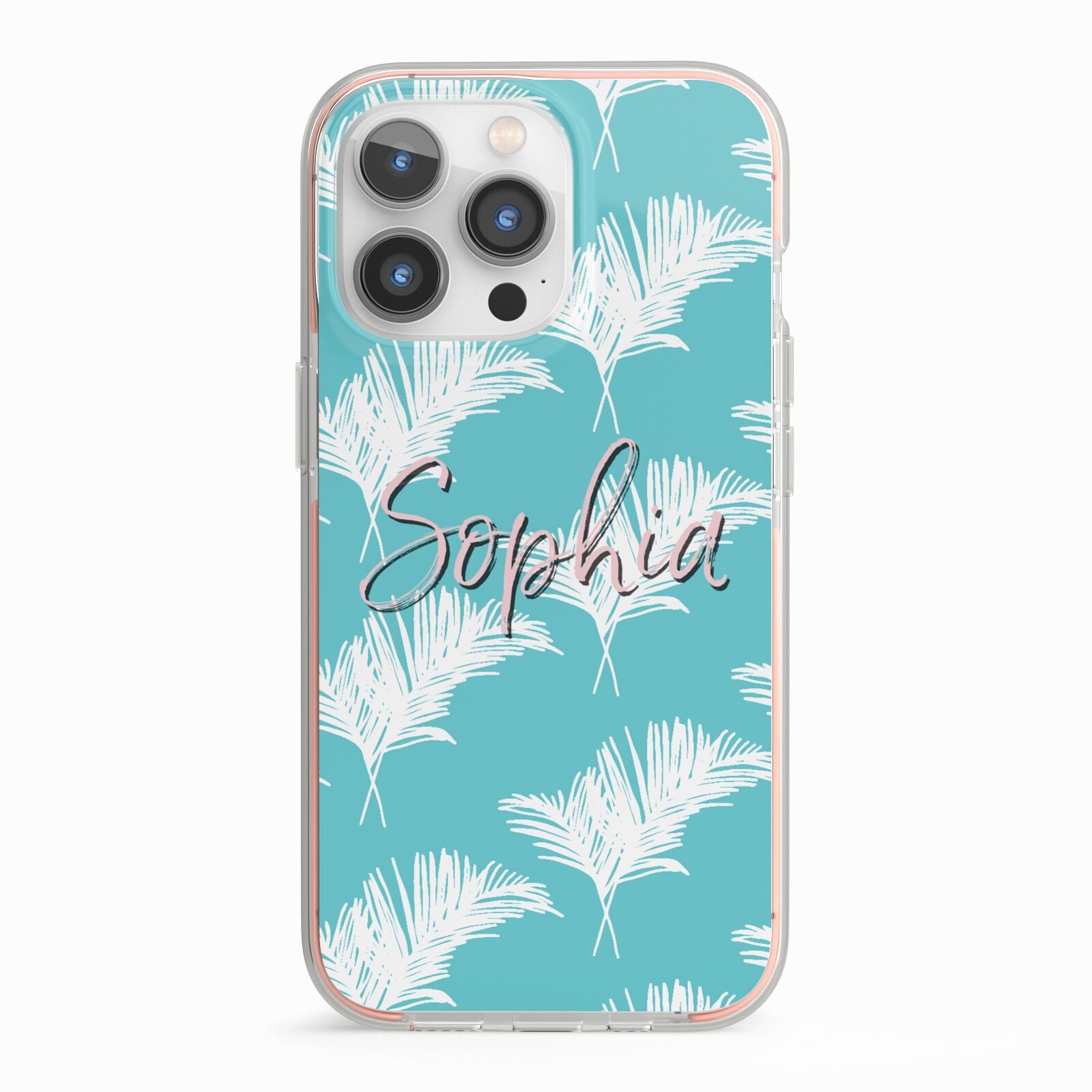 Personalised Blue White Tropical Foliage iPhone 13 Pro TPU Impact Case with Pink Edges