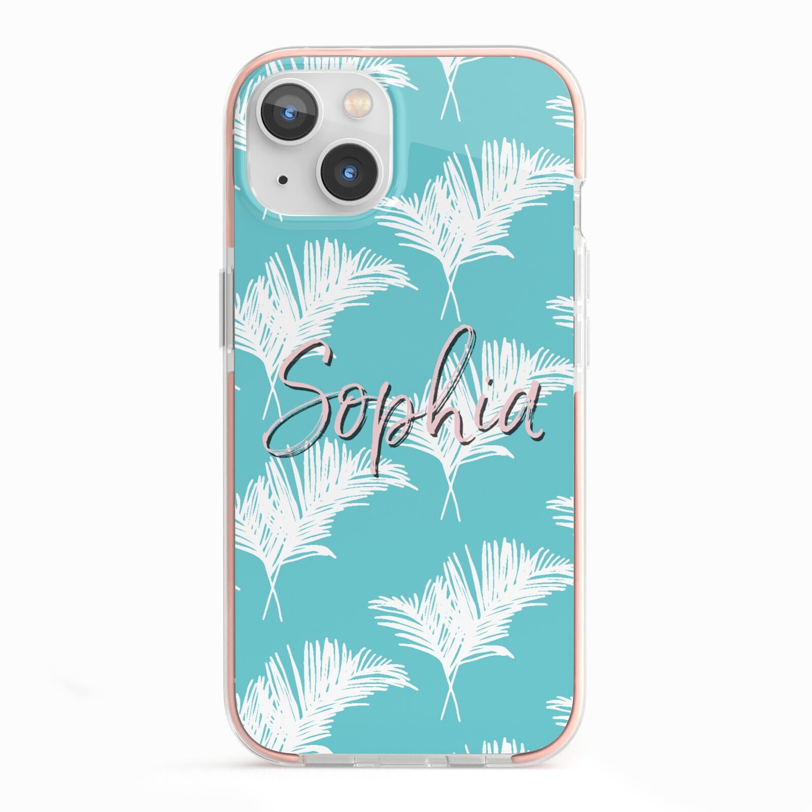 Personalised Blue White Tropical Foliage iPhone 13 TPU Impact Case with Pink Edges