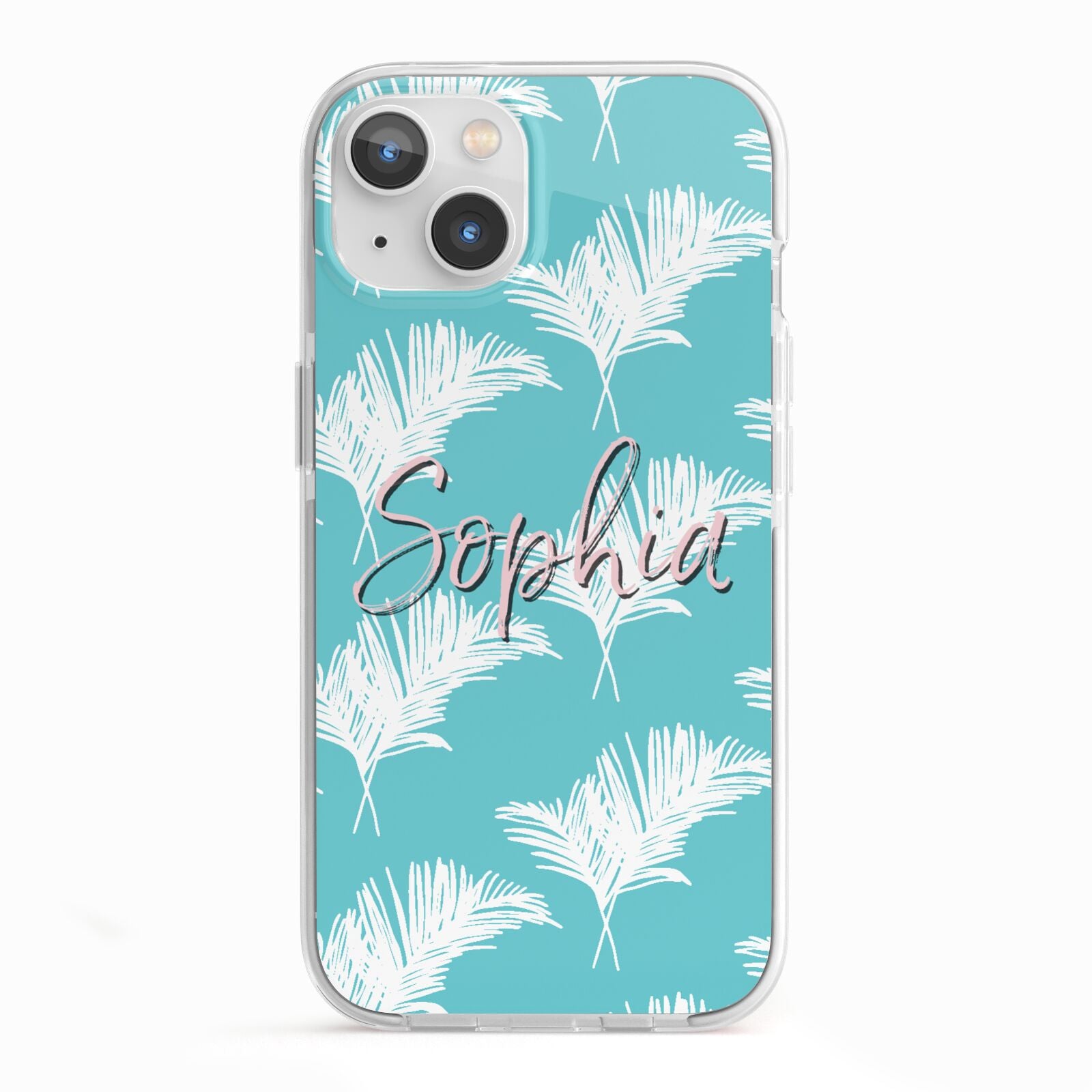 Personalised Blue White Tropical Foliage iPhone 13 TPU Impact Case with White Edges